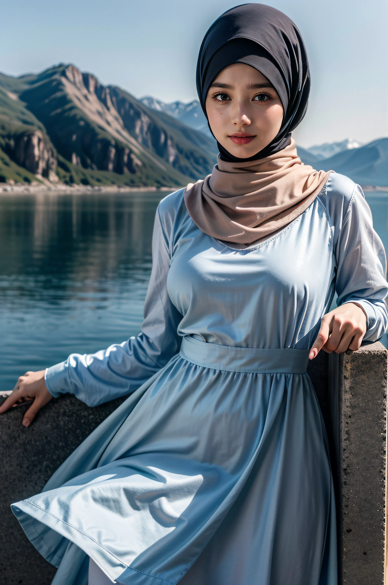 long tshirt Outfit, (RAW photo, Materpiece, Best Quality), Flower Mountain, Landscape view, Galaxy style, on the skies wave, Modelling Posing, Clothes that are covered and polite, long-sleeved Hijab clothes, look polite and elegant, ((Best Quality Hijab Hair, Hair close with Hijab)), (Mixed Albanian, Germany, British, Khushi Kapoor), Full Body Close-Up, (realistic, photo-realistic:1.3), Head Covered With Hijab, Pinafore Dress, best quality of Hijab Girl, Full Hijab Dress, highly detailed Hijab, masterpiece, ultra-detailed, illustration, 1girl, upper_body, dynamic angle, world masterpiece hijabi, best Quality, extremely detailed CG unity 8k wallpaper, pink ink, Amazing, cinematic lighting,