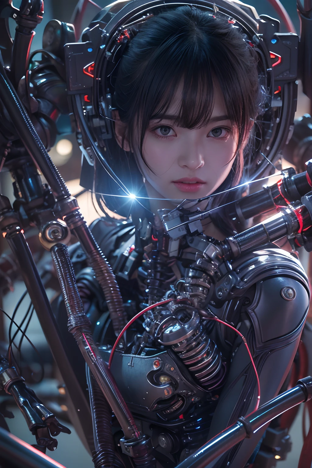 of the highest quality, masutepiece, 超A high resolution, (Photorealistic: 1.4), Raw photo, 1 girl, Black hair, Glossy glossy skin, 1 Mechanical Girl, (hyperrealistic detailed)), Portrait, Global Illumination, shadowy, Octane Rendering, 8K, ultrasharp, , Exposed raw skin, Metal, Intricate decoration details, Japan details, high intricate detailed, Realistic light, CG Trends, Purple eyes, Glowing eyes, Facing the camera, neon light detail, Mechanical limbs, blood vessels connected to tubes, Mechanical vertebrae attached to the back, Mechanical cervical attachment to the neck, Sitting, wires and cables connecting to head, Evangelion, Small LED light,