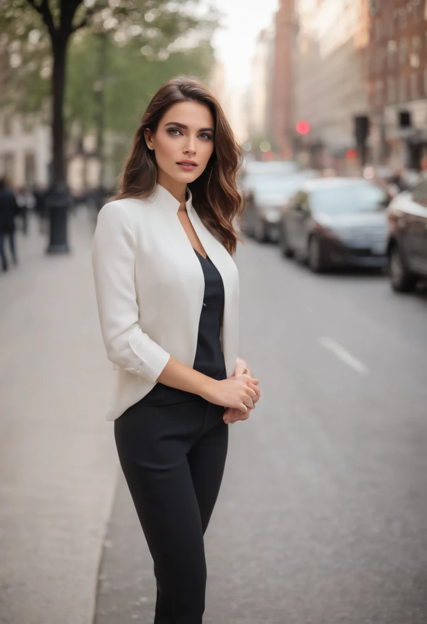 (Obra maestra, La mejor calidad), beautiful woman, Parte superior detallada de cuello alto sin mangas, pants, collar, cabello ondulado, Cara perfecta, Cara hermosa, seductor, Grandes ojos hermosos, boca abierta, feliz, Cuerpo Perfect Slim Fit, (al aire libre), Calles de la ciudad, Nueva York, colores brillantes