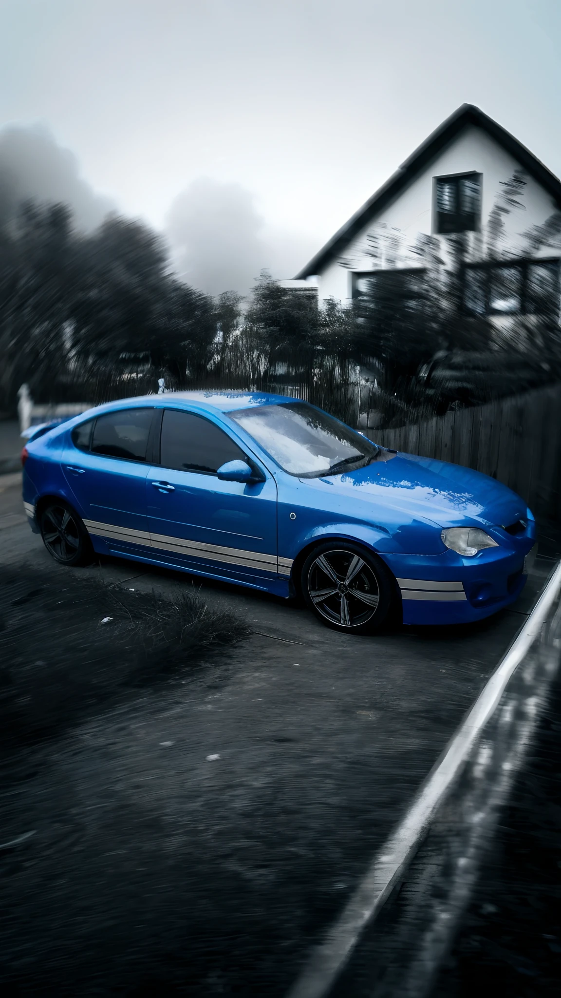 Blue car with white stripes parked in driveway