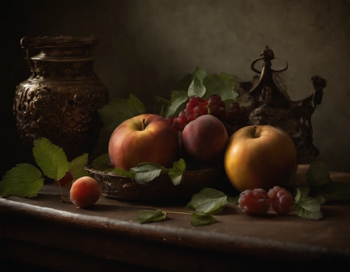 best quality, high-resolution, masterpiece:1.2, ultra-detailed, realistic:1.37, dark still life, photography, realistic, mysterious atmosphere, dim lighting, rich textures, vivid colors, intricate details, intense shadows, aged object, tarnished silverware, wilted flowers, room, background cloth, decaying fruits, subtle reflections, gloomy ambiance, macabre elements, contrast in tones, film, cinematography, dramatic shadows, eerie presence, uncanny objects, intricate details of decay, somber color palette, depth and dimension captured, emotions hidden in darkness, realistic rendering, intense chiaroscuro, exquisite textures, minute details of every object, impeccable accuracy in depicting aging, haunting fragility, ethereal ambiance, complex layers of symbolism, simple photography, minimal, less fruits