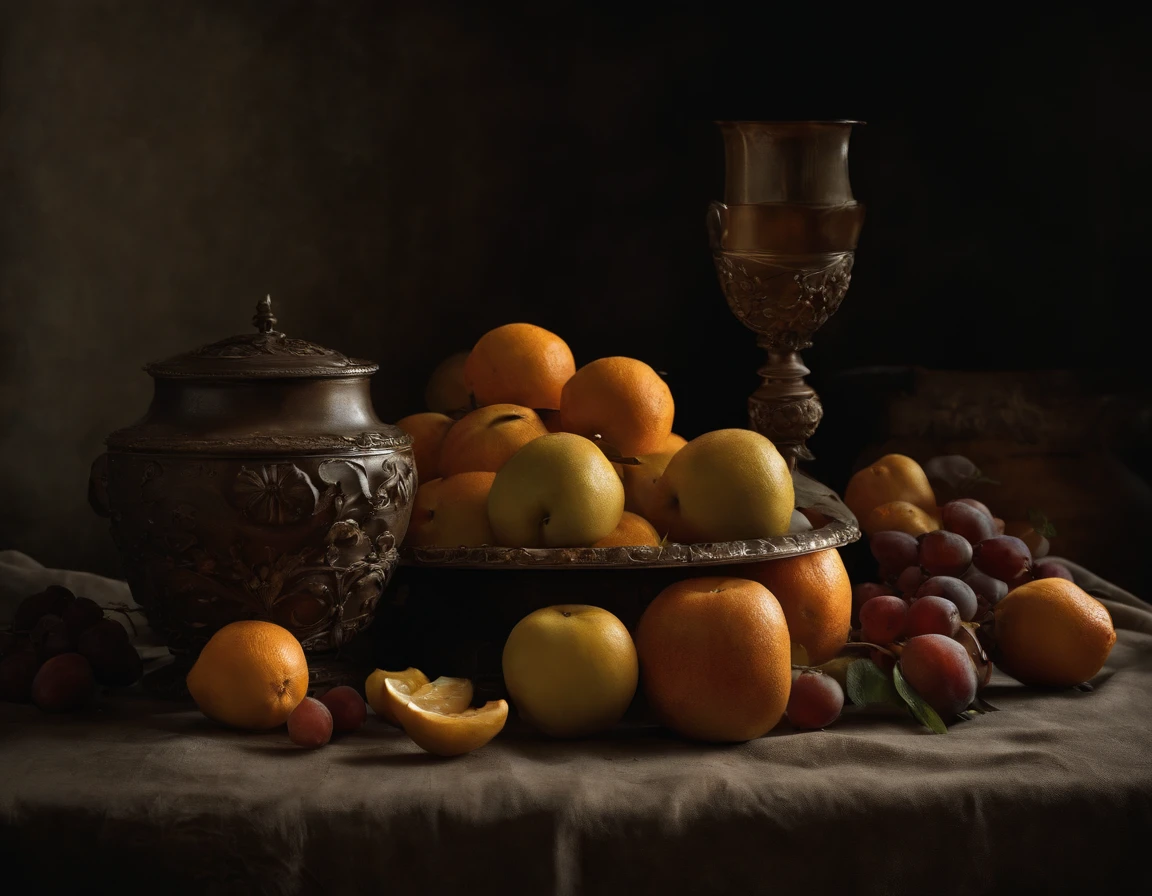 best quality, high-resolution, masterpiece:1.2, ultra-detailed, realistic:1.37, dark still life, photography, realistic, mysterious atmosphere, dim lighting, rich textures, vivid colors, intricate details, intense shadows, aged object, tarnished silverware, wilted flowers, room, background cloth, decaying fruits, subtle reflections, gloomy ambiance, macabre elements, contrast in tones, film, cinematography, dramatic shadows, eerie presence, uncanny objects, intricate details of decay, somber color palette, depth and dimension captured, emotions hidden in darkness, realistic rendering, intense chiaroscuro, exquisite textures, minute details of every object, impeccable accuracy in depicting aging, haunting fragility, ethereal ambiance, complex layers of symbolism, simple photography, minimal, less fruits