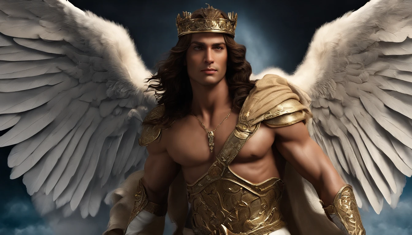 A photorealistic depiction of Himeros, the Greek god of sexual desire, standing majestically. Himeros is tall and athletic, with smooth, sun-kissed skin. His piercing green eyes are filled with seduction and wisdom, and his flowing, curly black hair cascades down to his shoulders, catching the light to highlight its luster.

His stance is confident and graceful, exuding both power and allure. From his back, large, magnificent wings extend, their feathers shimmering with subtle iridescence, capturing the light in hues of white and gold.

Near Himeros, a single serpent is coiled around a wooden staff. The staff, ancient and intricately carved with symbols of healing, stands upright next to him. The serpent's iridescent scales shimmer with shades of green, gold, and blue, and its eyes glint with mystical intelligence. Its tongue flickers as it senses the energy around it, adding to the divine ambiance.

The background features an ethereal landscape with soft, golden light filtering through the clouds, casting a warm glow around Himeros. Elements of Greek architecture, such as marble columns and ancient temples, are interwoven with natural elements like olive trees and blooming flowers. This setting creates a divine and harmonious atmosphere, highlighting the convergence of desire and healing.