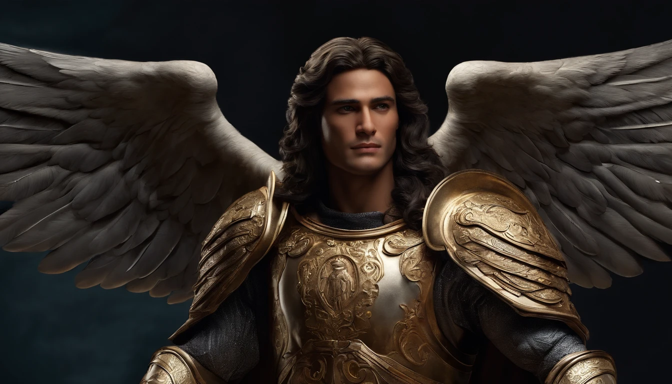 Tres personagem masculino, o arcanjo Miguel, Imagem celeste, detalhes intrincados, Realistic, BEGE e asas grandes, fundo celeste, Catholic illustrative image of the archangel Michael, Male character of the Bible, Michael is wearing his angelic armor, Maximum detail and your STRONG face and angelic wings, Pele realista perfeita, Maximum image quality, Miguel is highlighted in the image with strong and striking colors.
