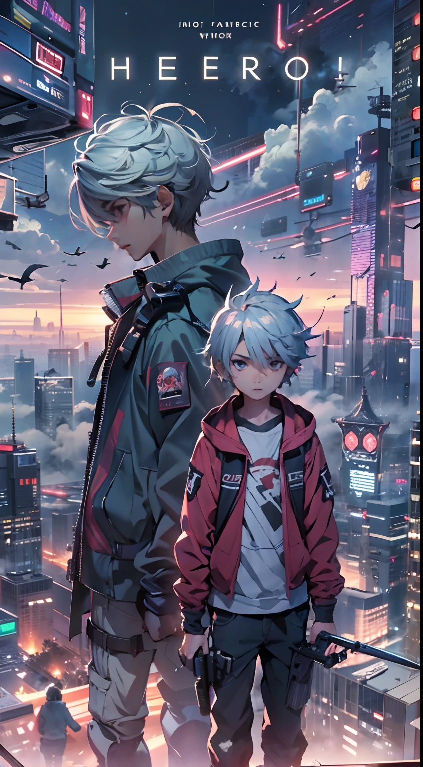 2boys,(15 years old boy:1.5)、Anime-style protagonist、Cyberpunk Boy、silber hair、Spiky hairstyle、machine gun、Japan sword on the back、Whole body bloody、Looking at the camera、Overhead view of the composition、The beginning of the adventure、Lots of clouds,heavy fog、Moon,Lightning、Chaotic city of the future、Movie dystopia、Warm lighting,Chaotic、Beautiful and fantastic scenery、Cinematic scenery、hightquality、masutepiece,in 8K、hight resolution、