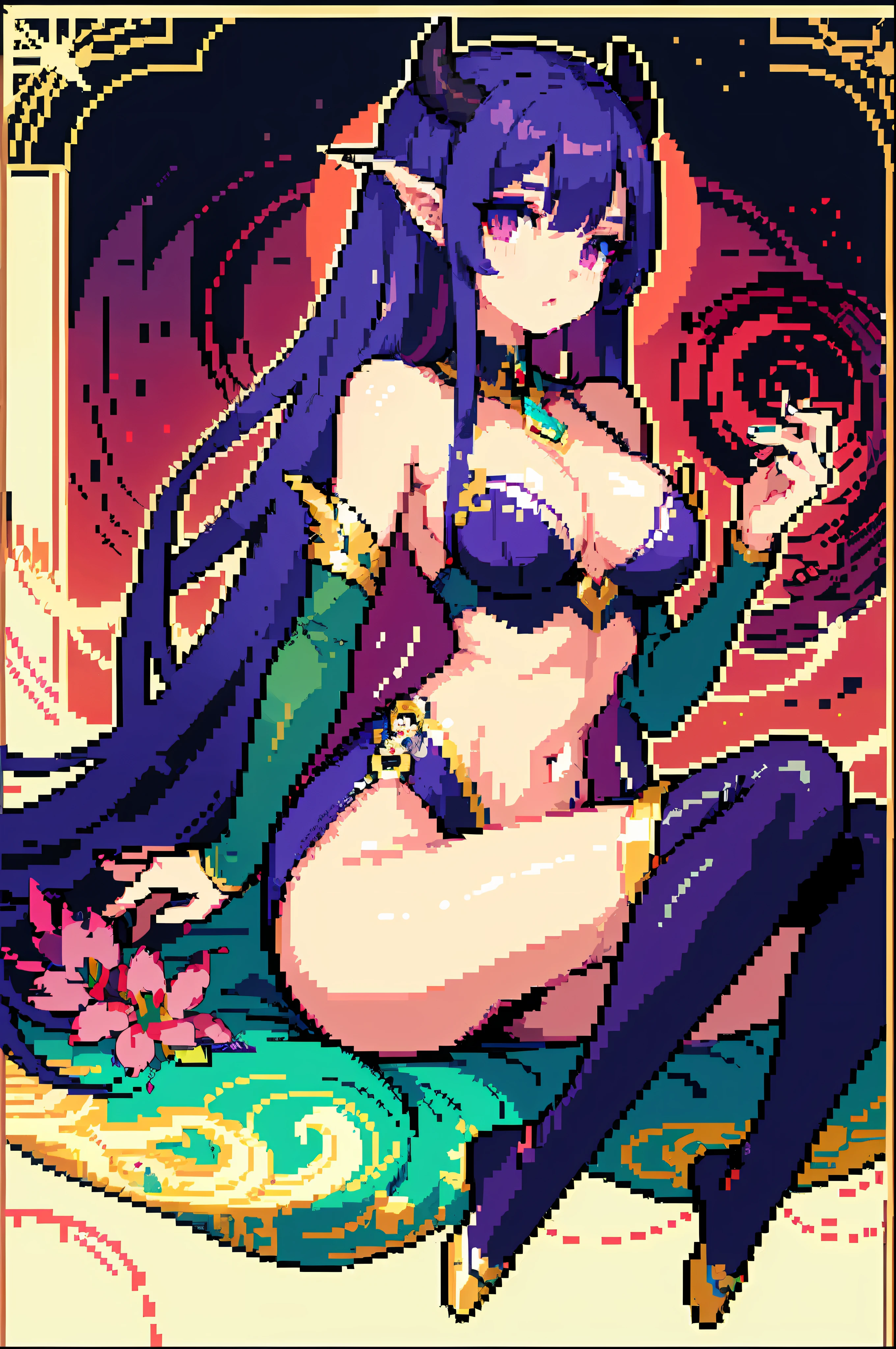 (masterpiece、top-quality、top-quality)、pixels、Pixel art、1人、full body Esbian、Succubus,thighhigh,long slit,Purple hair
