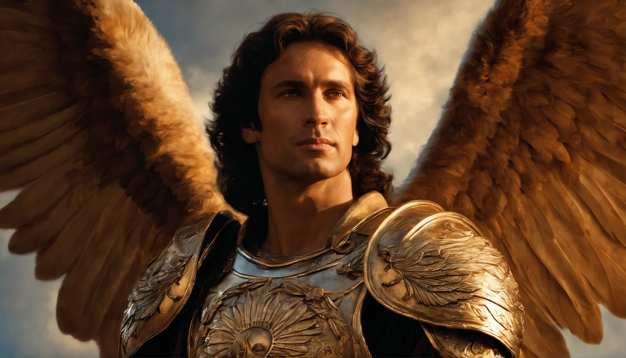 Tres personagem masculino, o arcanjo Miguel, Imagem celeste, detalhes intrincados, Realistic, BEGE e asas grandes, fundo celeste, Catholic illustrative image of the archangel Michael, Male character of the Bible, Michael is wearing his angelic armor, Maximum detail and your STRONG face and angelic wings, Pele realista perfeita, Maximum image quality, Miguel is highlighted in the image with strong and striking colors.