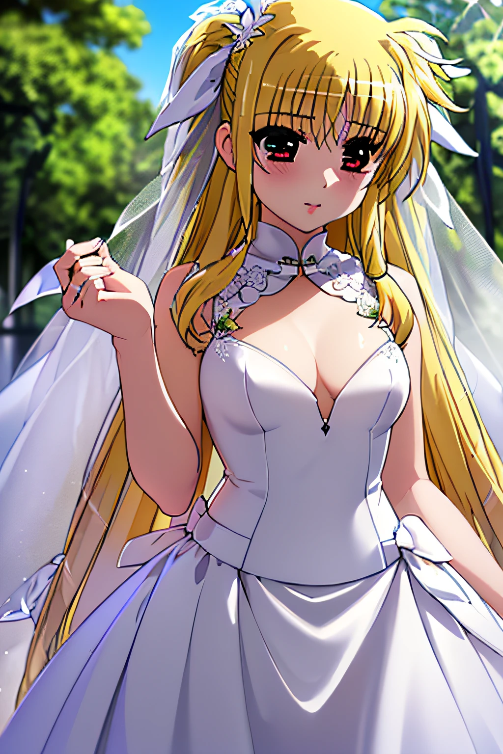 Life activities, one girls, ((chies:2.5)),(masutepiece:1.2), 独奏,Outdoors,Best Quality,Best Beautiful Girl, High resolution, Unity 8k壁纸, (Illustration:0.8), Perfect Lighting, extremely details CG, (Perfect hands, Perfect Anatomy),model poses,Eyes open,(masutepiece:1.2), Best Quality, Fate Testarossa, 1girl in, Long hair, a blond,Twin-tailed, a black ribbon,((wedding dress:1.5)), Park, High resolution, Unity 8k壁纸, (Illustration:0.8), extra detailed face, Perfect Lighting, extremely details CG, (Perfect hands, Perfect Anatomy),masutepiece, Best Quality,Cowboy Shot,((Be undress:2.0)((Be undress:2.0))((Be undress:2.0))((Be undress:2.0))((Be undress:2.0))((Be undress:2.0))((Be undress:2.0))((Be undress:2.0))((Be undress:2.0))((Be undress:2.0))((Be undress:2.0))((Be undress:2.0))((Be undress:2.0))((Be undress:2.0)))((Be undress:2.0)),(('NSFW:2.0),red blush,9age、tiny chest,Happy expression on face,