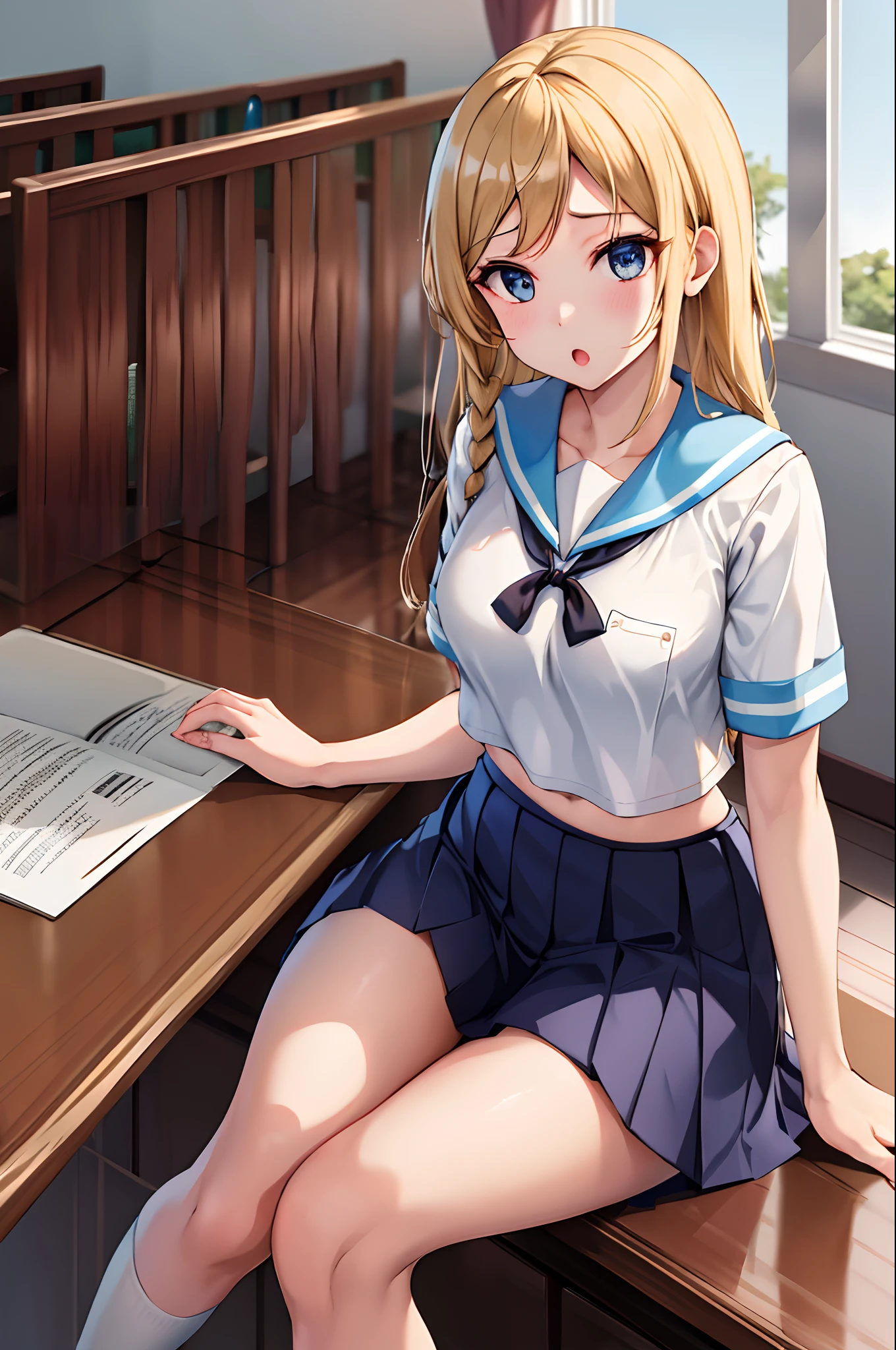 masterpiece, best quality, highres, bbhayasaka, single braid, medium breasts, school uniform, serafuku, blue sailor collar, sailor shirt, white shirt, short sleeves, pleated skirt, blue skirt, library, sitting, book, table, :o