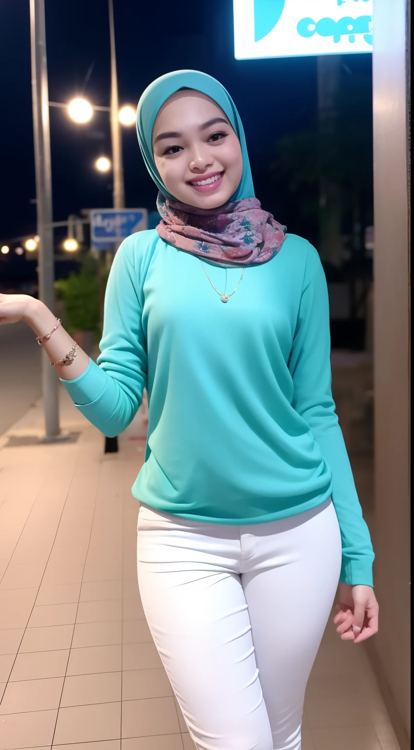 Malay girl in hijab, wear small floral pastel blue color shirt and High Waist Placated white Suit Pants , laughing and posing with both hand on top of her head, touching her own head, wear backpack, front view, hijab blown, windy, detail skin, age spot, detail skin texture, mole below eyes, small breast, flat chest, wide hips, small waists, thick thighs, slim abs, beautiful body, nighttime, laughing, happy, bright lighting, college student in background, crowded cafe, blur background, bokeh,