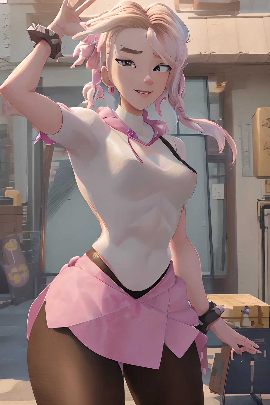 masterpiece, best quality, highres, dragon ball, blmpony, aqua hair, hair ribbon, braided ponytail, pink shirt, belt, scarf, pink skirt, clothes writing, brown gloves, medium breasts, outdoors, cowboy shot, waving, smile