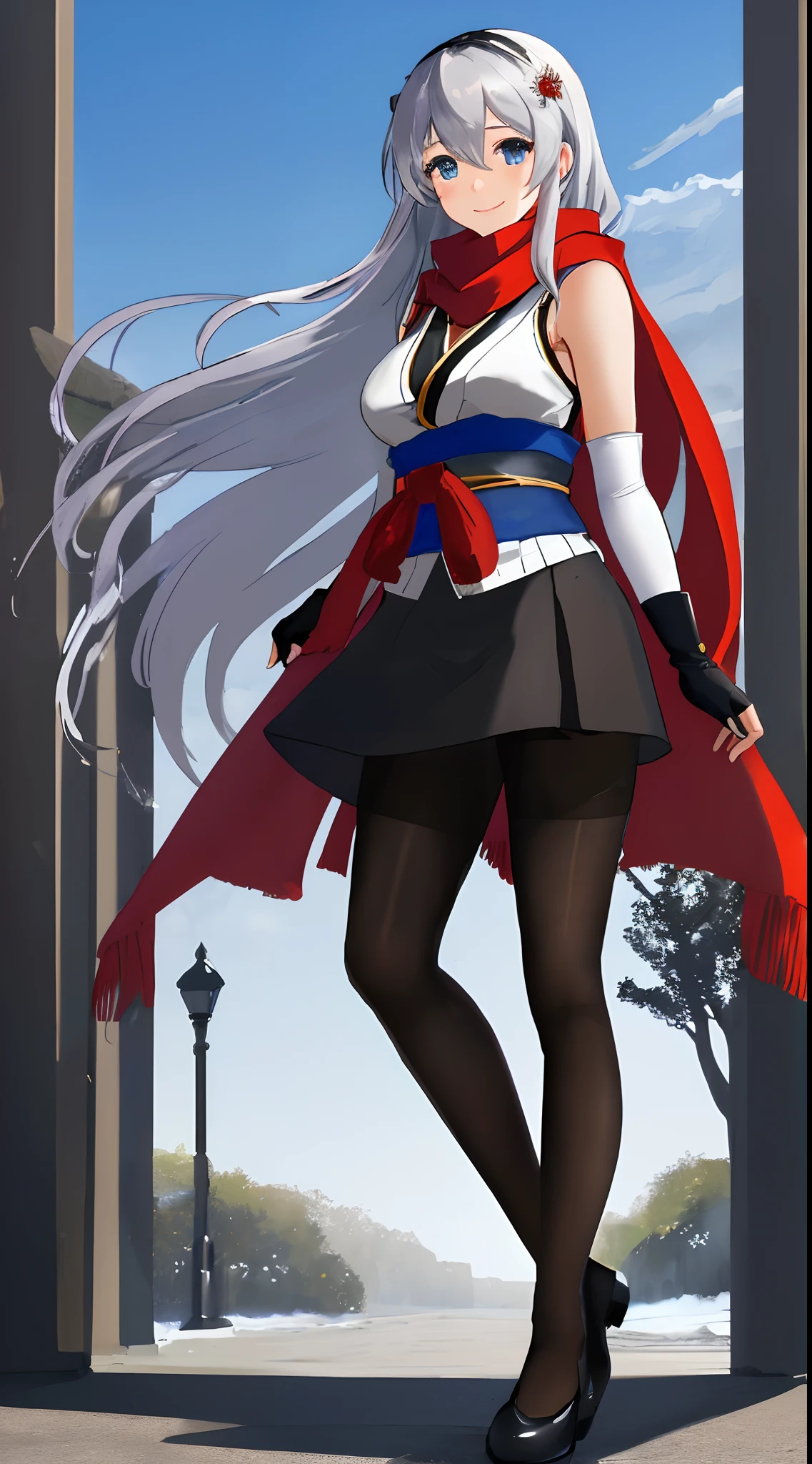 (masterpiece, best quality:1.3), a beautiful photograph of micaiah fe, 1girl, red_scarf, breasts, ((white_gloves)), closed_mouth, elbow_gloves, fingerless_gloves, floating_hair, gloves, kimono, long_hair, blue_kimono, scarf, silver_hair, sleeveless, sleeveless_kimono, medium_breasts, smile, solo, standing, very_long_hair, blue_eyes, landscape, nice hands, (pantyhose, black pantyhose, black tights:1.4), yellow_hairclip.