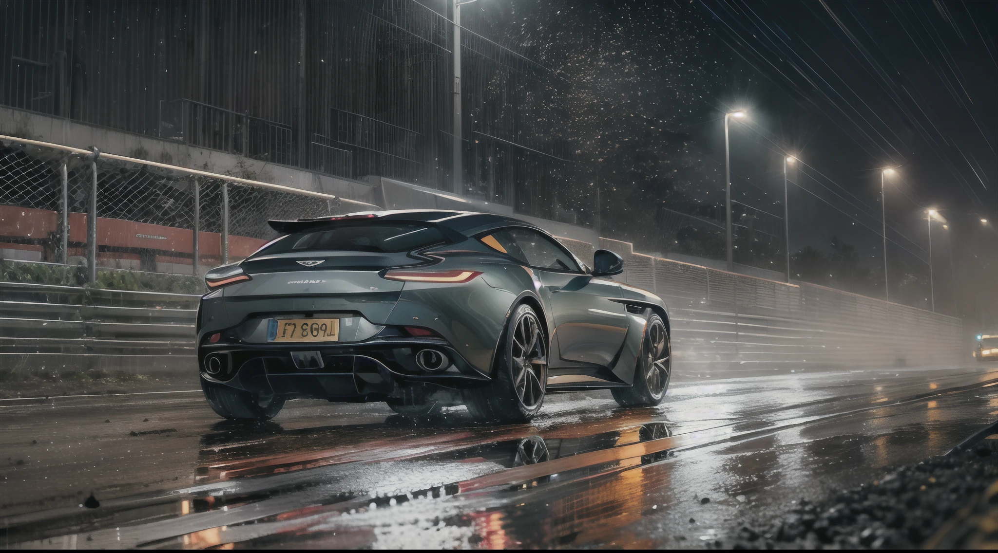 (8k, RAW photo, best quality, masterpiece:1.2), (realistic, photo-realistic:1.37), (full body:1.3) (detailed), (highres), high angle shot 3/4 view aston martin db11 wagon driving on a race track, stormy weather, (wet:1.2), (water dust:1.2), 8k uhd, high quality,cinematic,(reflections),(aston martin db11 wagon) at night, lights, High Detail, Sharp focus, (photorealism), realistic, best quality, 8k, award winning, dramatic lighting, epic, cinematic, masterpiece, rim light, ambient fog:1.3, dutch angle, depth of field,8k uhd, high quality, motion blur, depth blur, cinematic, filmic image 4k, vibrant color, (reflections),lights turned on,closeup,commercial photography,(very dark:1.1, underexposed:1.1)