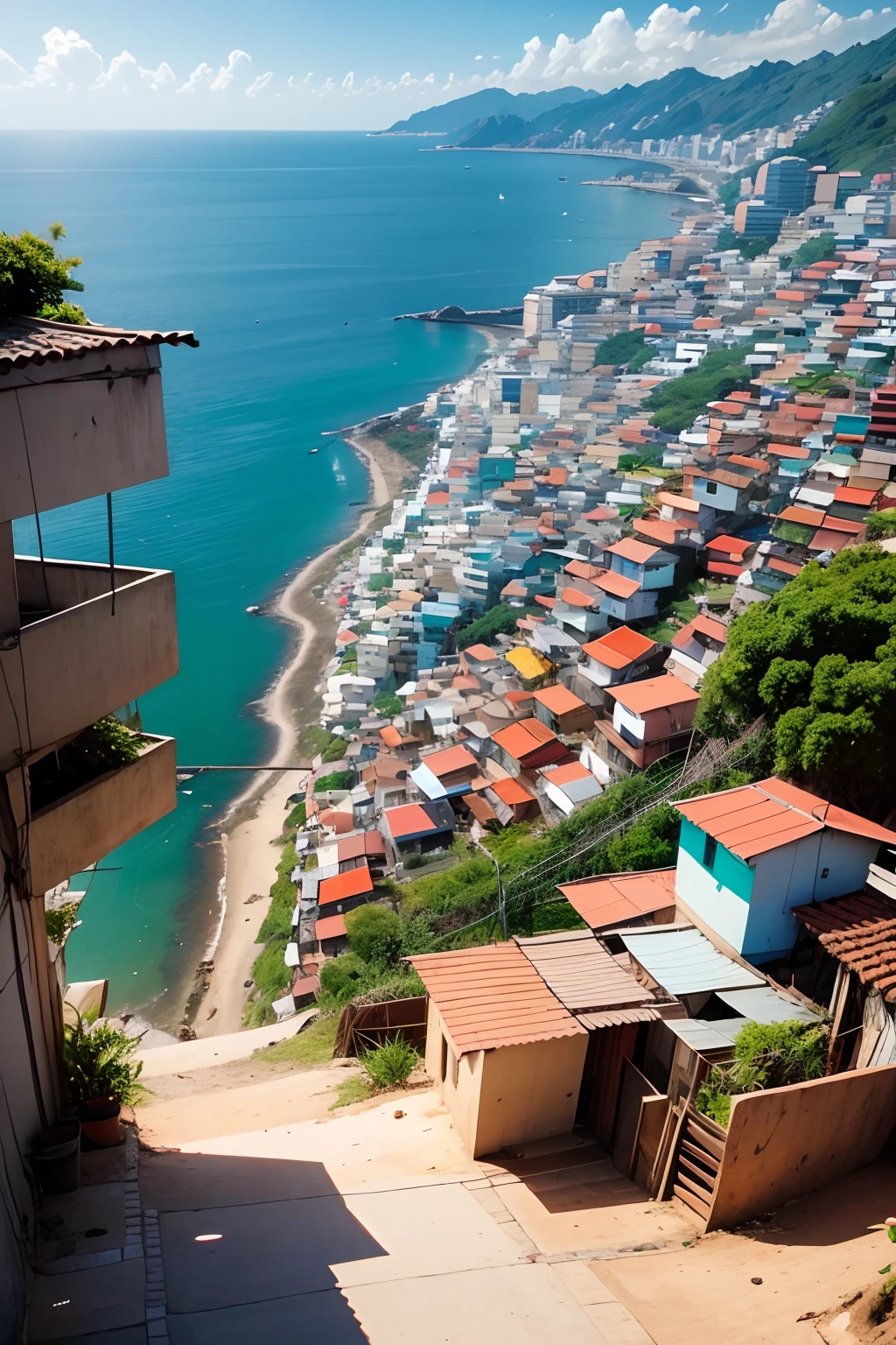 uma paisagem de favela com um letreiro no meio escrito RICH