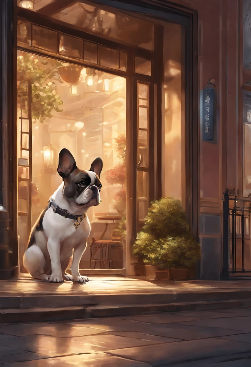 Anime-style photo of a dog sitting on the sidewalk in front of the building, cute detailed digital art, high detailed official artwork, Adorable Digital Painting, Official art, by Shitao, by Yang J, background artwork, Portrait of character, Background art, Anthropomorphic French Bulldog, by Yao Tingmei, Detailed key anime art