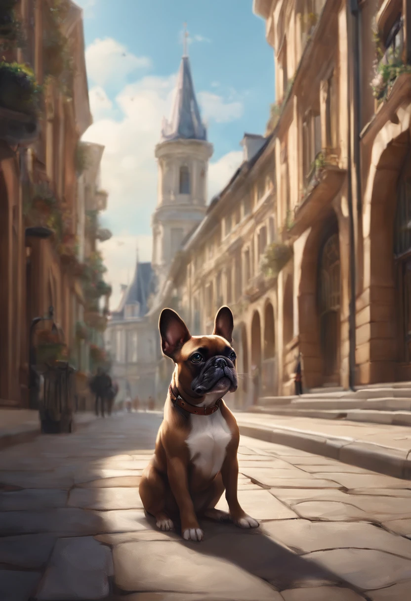 Anime-style photo of a dog sitting on the sidewalk in front of the building, cute detailed digital art, high detailed official artwork, Adorable Digital Painting, Official art, by Shitao, by Yang J, background artwork, Portrait of character, Background art, Anthropomorphic French Bulldog, by Yao Tingmei, Detailed key anime art