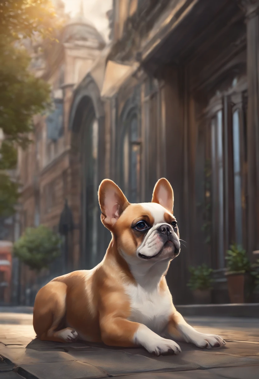 Anime-style photo of a dog sitting on the sidewalk in front of the building, cute detailed digital art, high detailed official artwork, Adorable Digital Painting, Official art, by Shitao, by Yang J, background artwork, Portrait of character, Background art, Anthropomorphic French Bulldog, by Yao Tingmei, Detailed key anime art