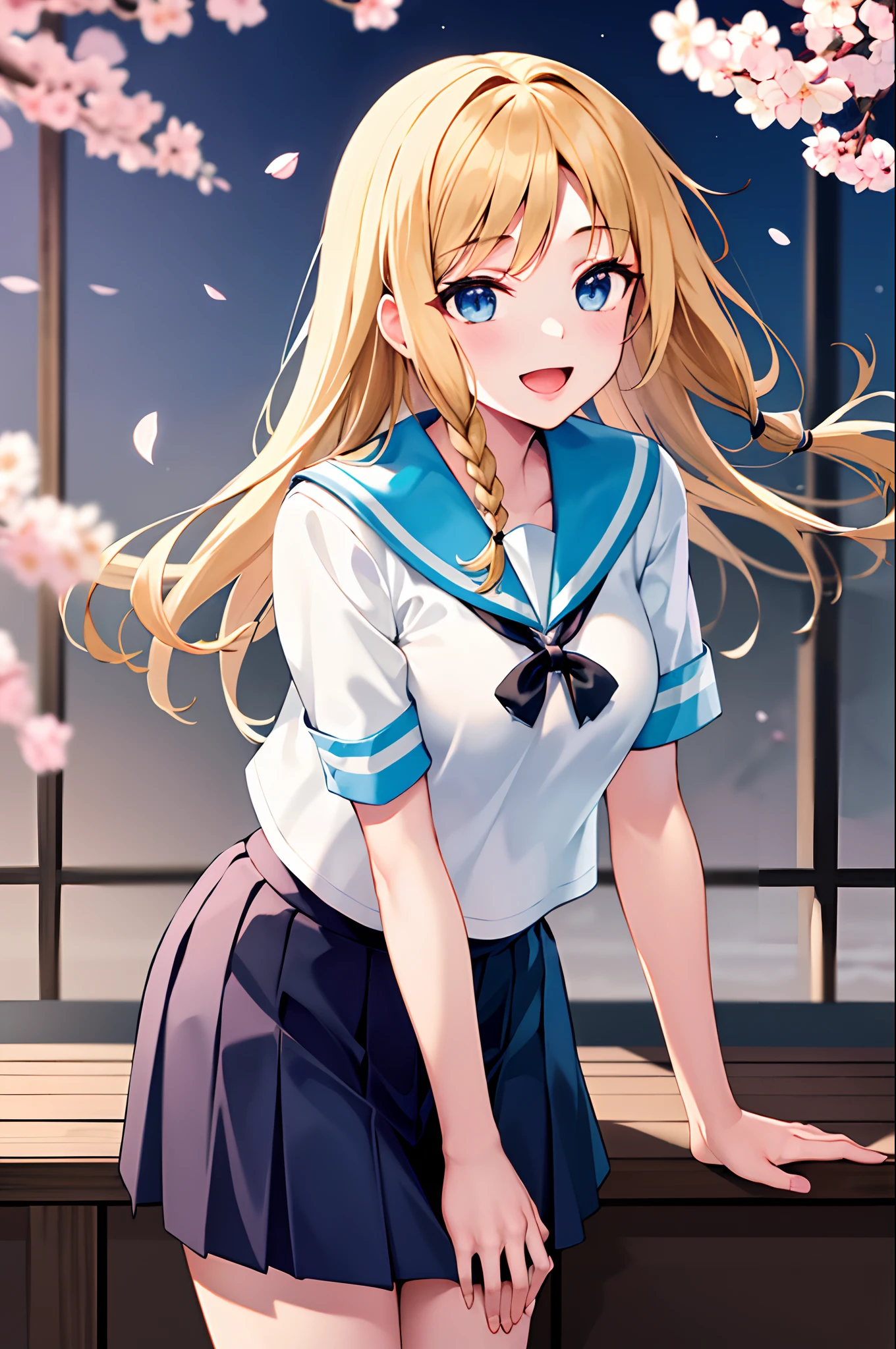 masterpiece, best quality, highres, bbhayasaka, single braid, medium breasts, school uniform, serafuku, blue sailor collar, sailor shirt, white shirt, short sleeves, pleated skirt, blue skirt, leaning forward, smile, open mouth,  cherry blossoms, outdoors