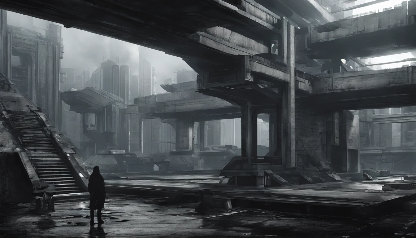 A dystopian futuristic metropolis with plenty of brutalist architecture