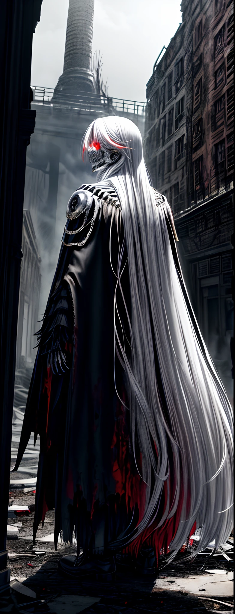 1male people, Long white hair, Red eyes, (uncle_Shot:1.2), Face focus, Back shadow,Back view, side locks,collapse,Wearing a cape, He walked forward,It is surrounded by ruins,There is a terrifying tower ahead, Moonshine is blood-red,Overall cool tones,Moody, Darkness, ,, Dusty, Post-apocalypse,, masterful, Beautiful 8k wallpaper, Extremely detailed, iintricate,Broken clothes,High gloss,With a skeleton mask