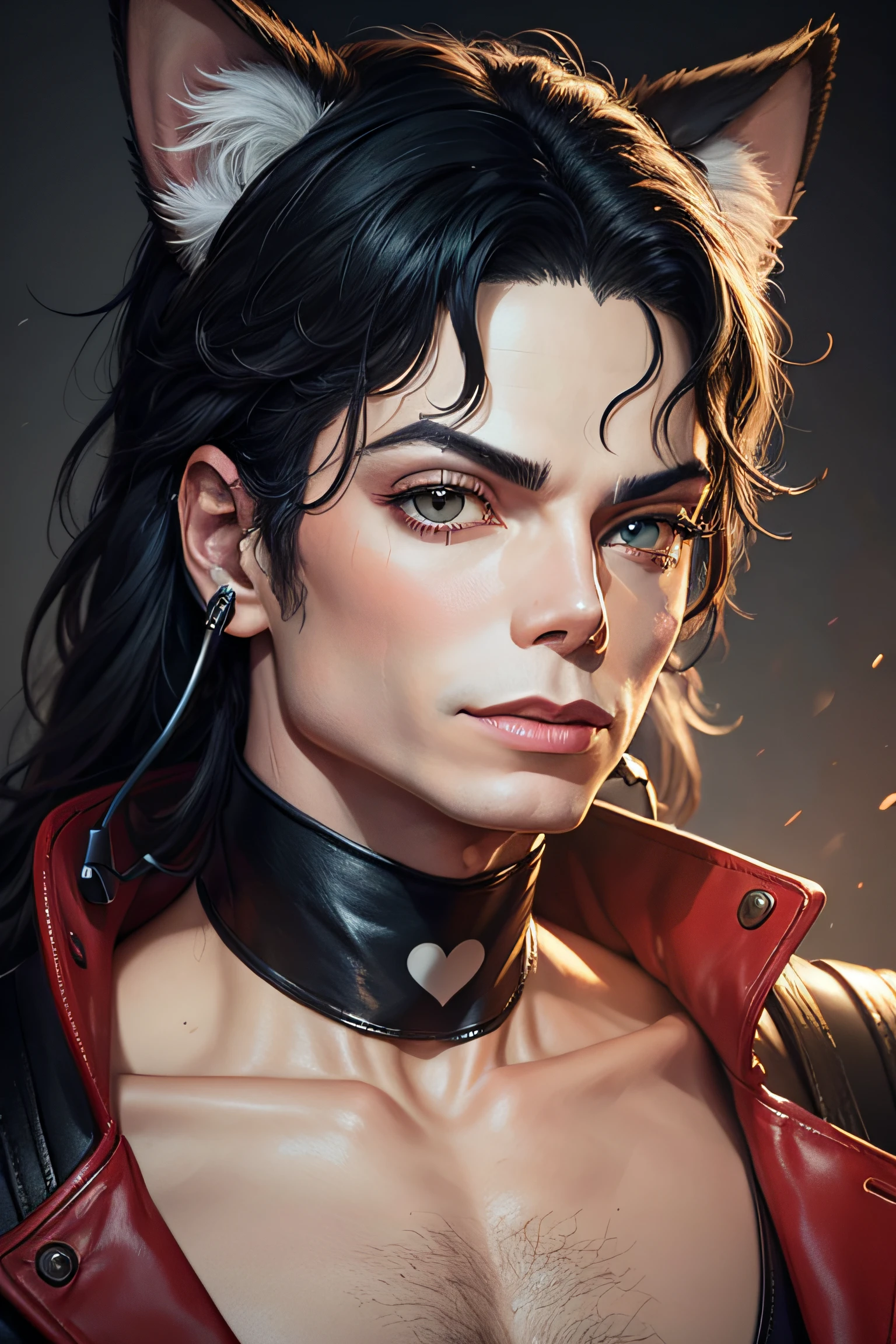 Ultra high realistic portrait of Michael Jackson with gamer cat ear headphones and choker