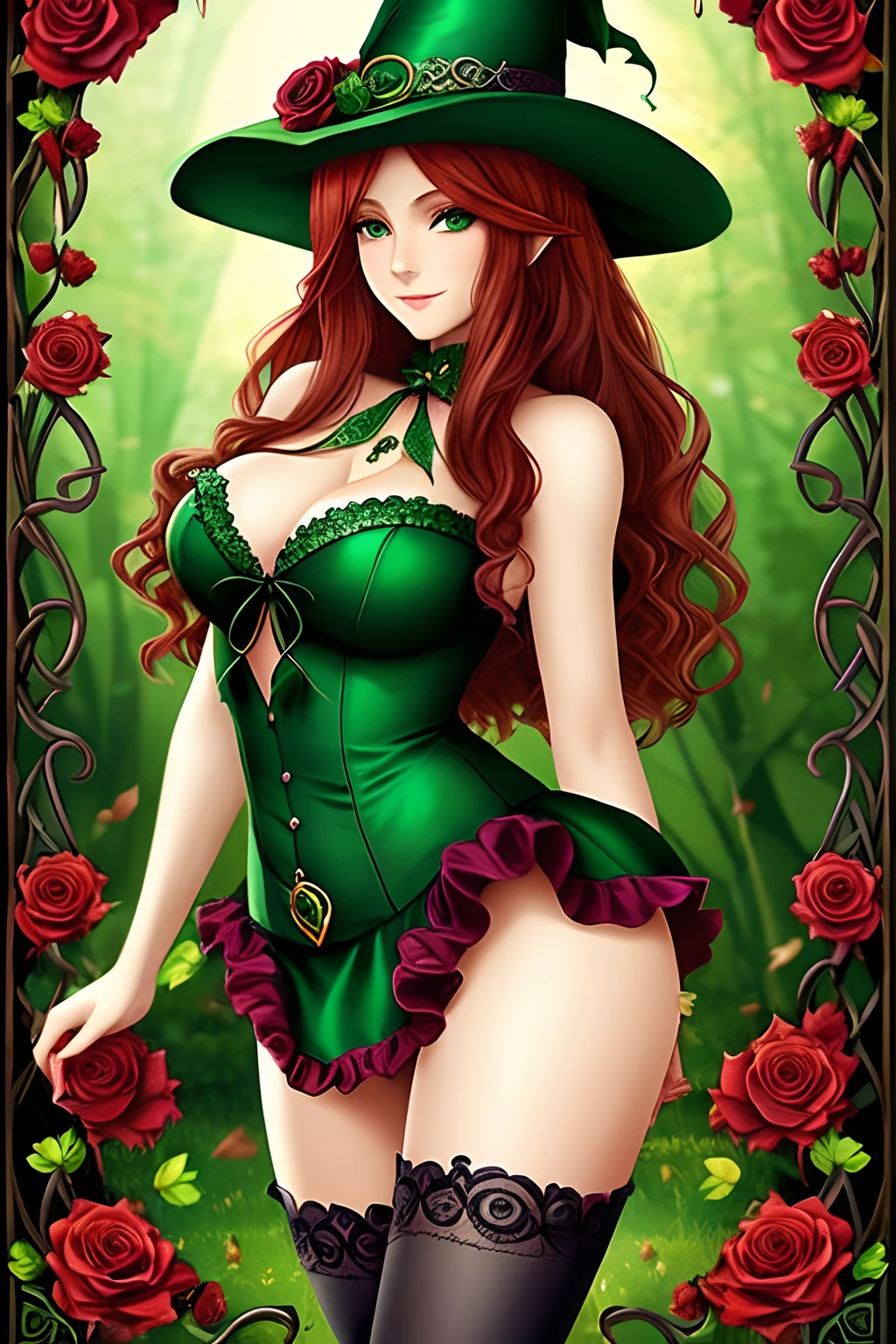 witch, medium breasts woman in a (short green dress) with garter holding up thigh high green stockings and hat, long red hair, celtic fantasy art, celtic fantasy, clover, poison ivy, fae, goddess of mischief, green magic, (wearing green tophat), pixie, fairy, celtic, celtic fantasy art, celtic fantasy, , beautiful fairie, beautiful fairy, very beautiful fantasy art, Autumn, beautiful autumn spirit, fall season, (holding a dark red almost black rose)