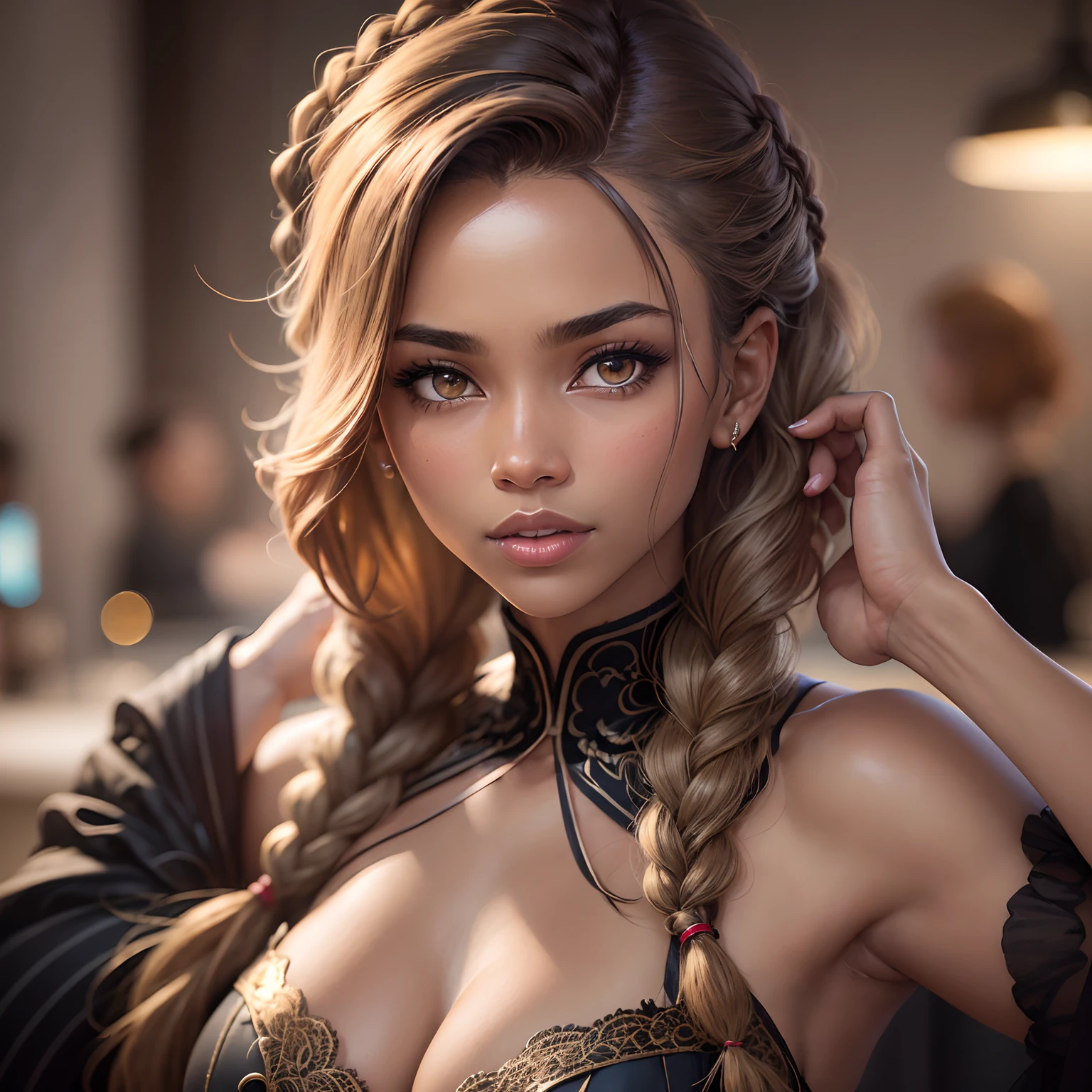 (knotless_braid_hairstyle:1.3), dark skin woman posing for a photo, wearing elegant dress, good hand, 4k, high-res, masterpiece, best quality, head:1.3,((Hasselblad photography)), finely detailed skin, sharp focus, (cinematic lighting), night, soft lighting, dynamic angle, [:(detailed face:1.2):0.2],(((in hair salon))), --auto --s2