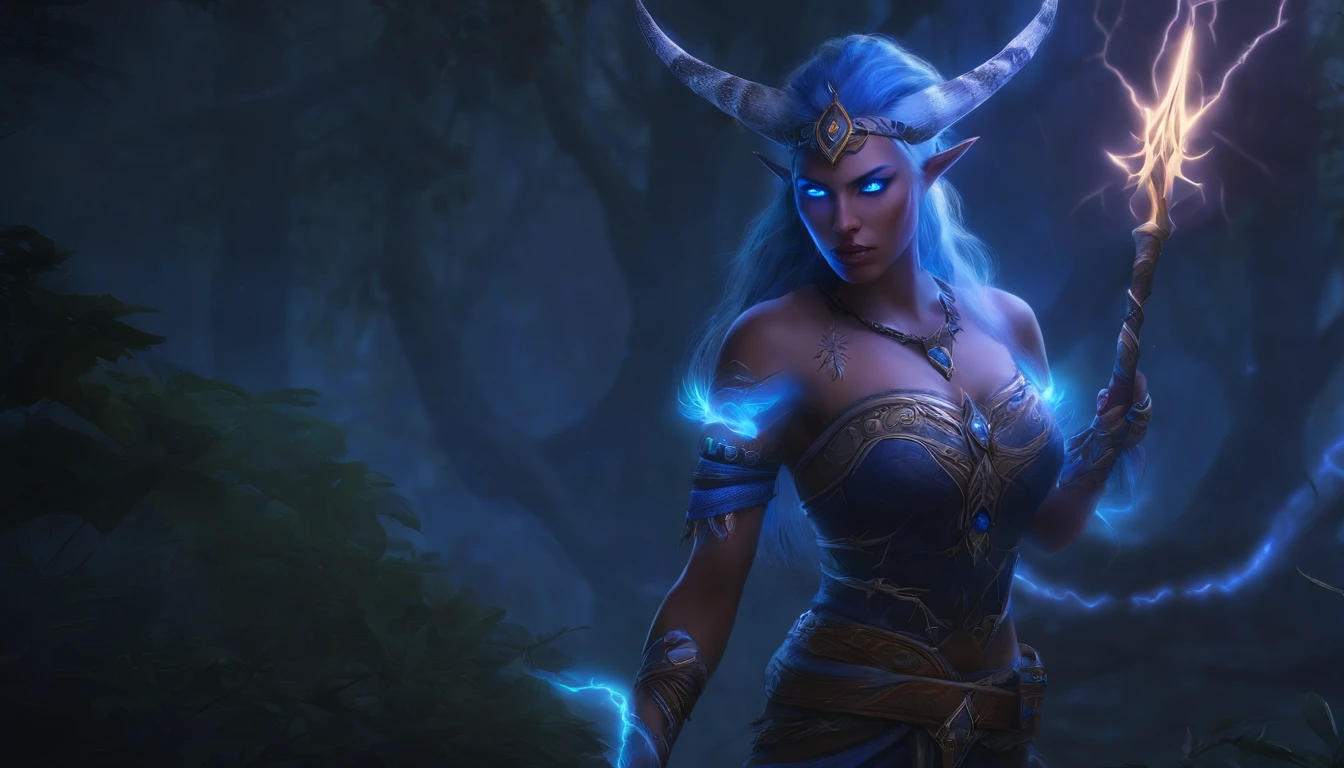 Female Nightelf Huntress with tribal tattoos, glowing white eyes that leak tiny blue lightning bolts, world of warcraft, eerie, Creepy, nightmarish, Very bright colors, Light particles, with light glowing, elegant, Mshiff, wallpaper art, UHD wallpaper