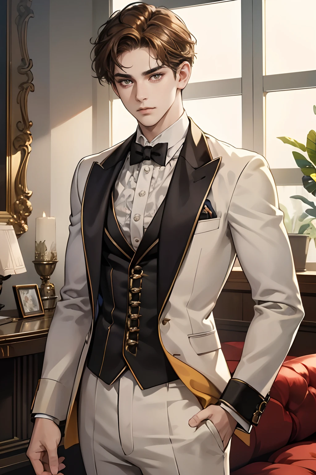 (tmasterpiece, high resolution, ultra - detailed:1.0), (1 boy, Young male), Eyes looking at the camera, Perfect male body, Extremely detailed CG, 8K wallpaper, Complicated details, solo person, (Deep amber eyes), (Light brown hair with short curly edges), [Thick eyebrows], Show forehead,living room, (White suit),Arrogant expression,victorian age,color difference, Depth of field, dramatic shadow, Ray tracing, Best quality, Cinematic lighting, offcial art, Portrait
