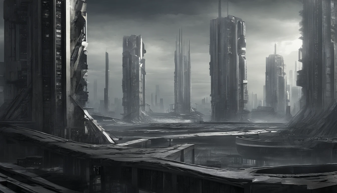 A dystopian futuristic metropolis with lots of brutalist architecture