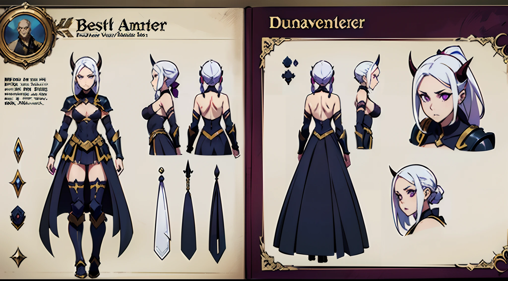 (Masterpiece, best quality), detailed, ((character concept art)), ((character design sheet, same character, front, side, back)), many items, (black demon horns, adventurer armor, dungeon seeker, many parts), detailed purple eyes, detailed face, scared face, different expressions, small boobs, B cup, white hair and white skin, braided ponytail, full of details.