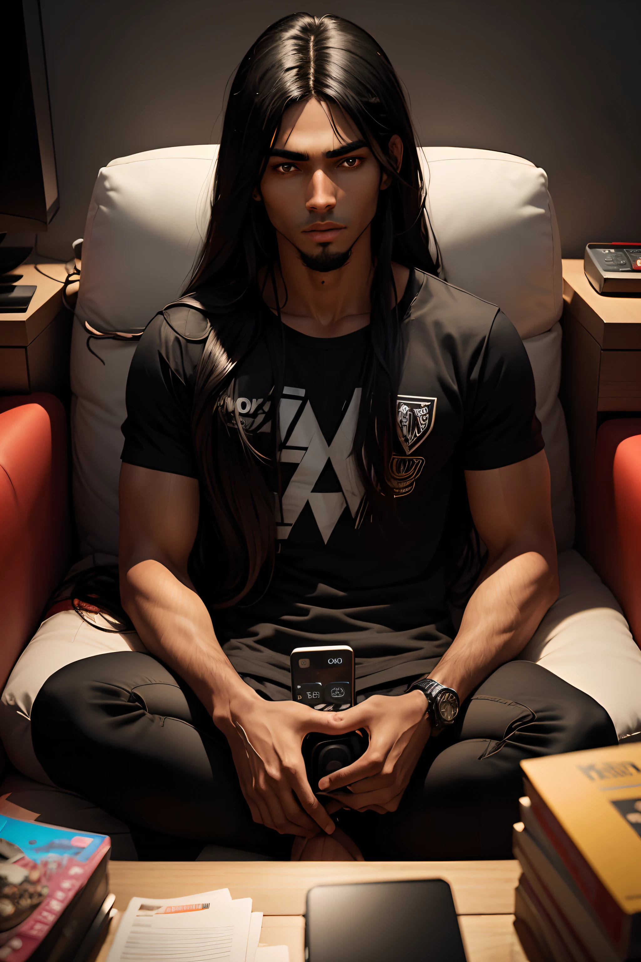 a dark skinded guy with long black indian hair looking like a game addict