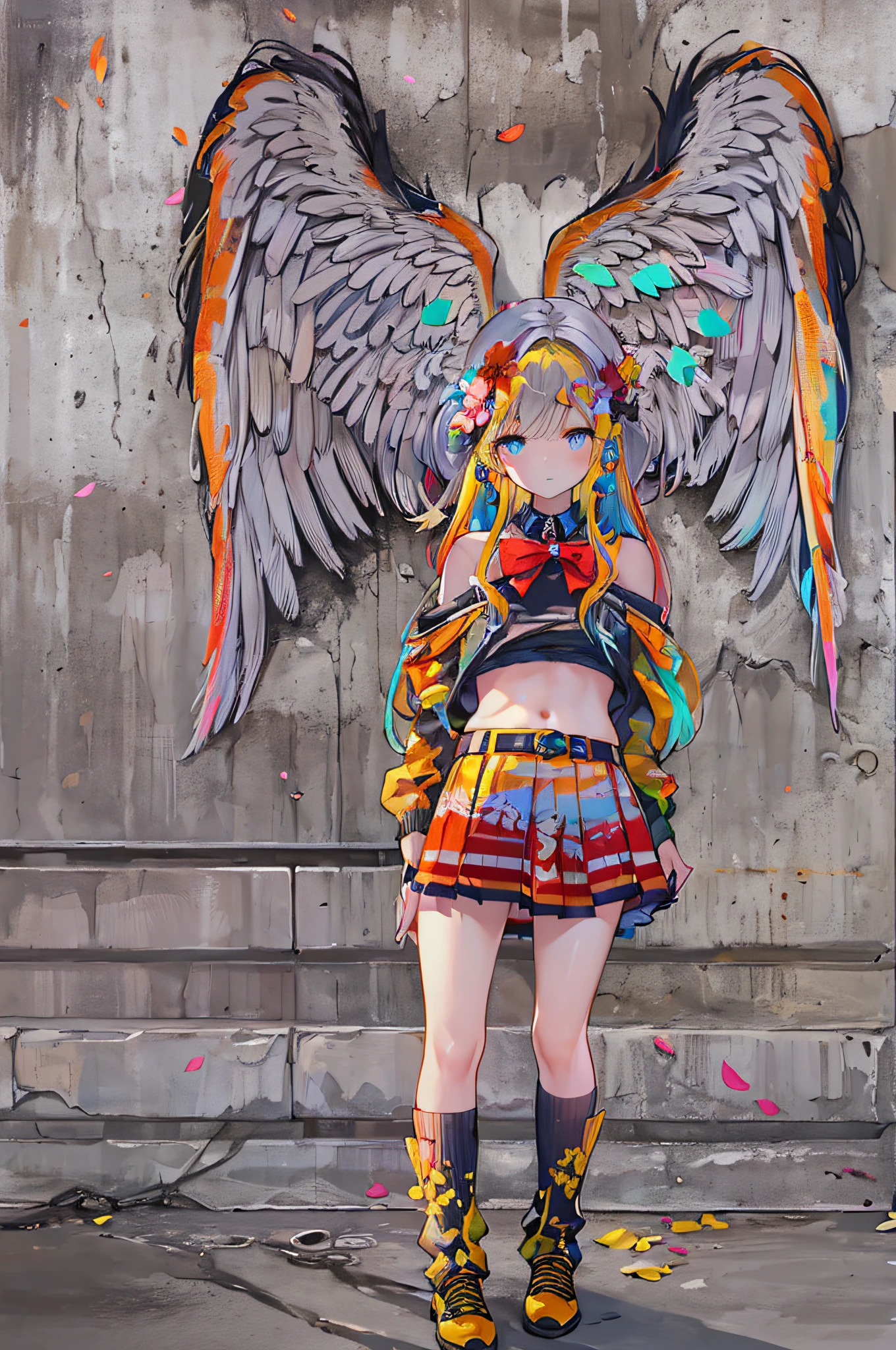 (8K, Raw photography, top-quality, masterpiece:1.2), (realisitic, Photorealsitic:1.37), ultra-detailliert, 1 rapariga, 独奏, cute little, Beautiful fece、(((Angel Art))) //Style (typographic, lettering arts:1.5), (graffiti art:1.5), (Red tone:1.3), (Yellow tone:1.3), (blue tone:1.4), (black tone:1.2), BREAK //Quality and character realistic, super photo realistic illustration, hight resolution, ultla detailed, absurderes, extremely beautiful lady, (Angel wings in graffiti art:1.2), (off shoulders:1.3), BREAK //Fashion (School Uniforms:1.2), (Wearing a knitted sweater over a black shirt:1.3), (Red tie:1.3), shirt dress, statement belt, ankle-strap heels, (Tuckout skirt:1.3),(Skirt pull up:1.3), BREAK //Background with: white backgrounid, (Jewels and jewelry on background:1.5), (Tree branches, Leaves, flower petals:1.2), (Ink splash on concrete wall:1.3), concrete wall, (Rough concrete texture:1.3), BREAK //Emotions Expressing Compassion, Pensive, Reflective, Contemplative, Utopian performance, lost in thought, Contemplative, Pensive, BREAK //effect (Colorful:1.5), Blooming light effect,Painted feathers