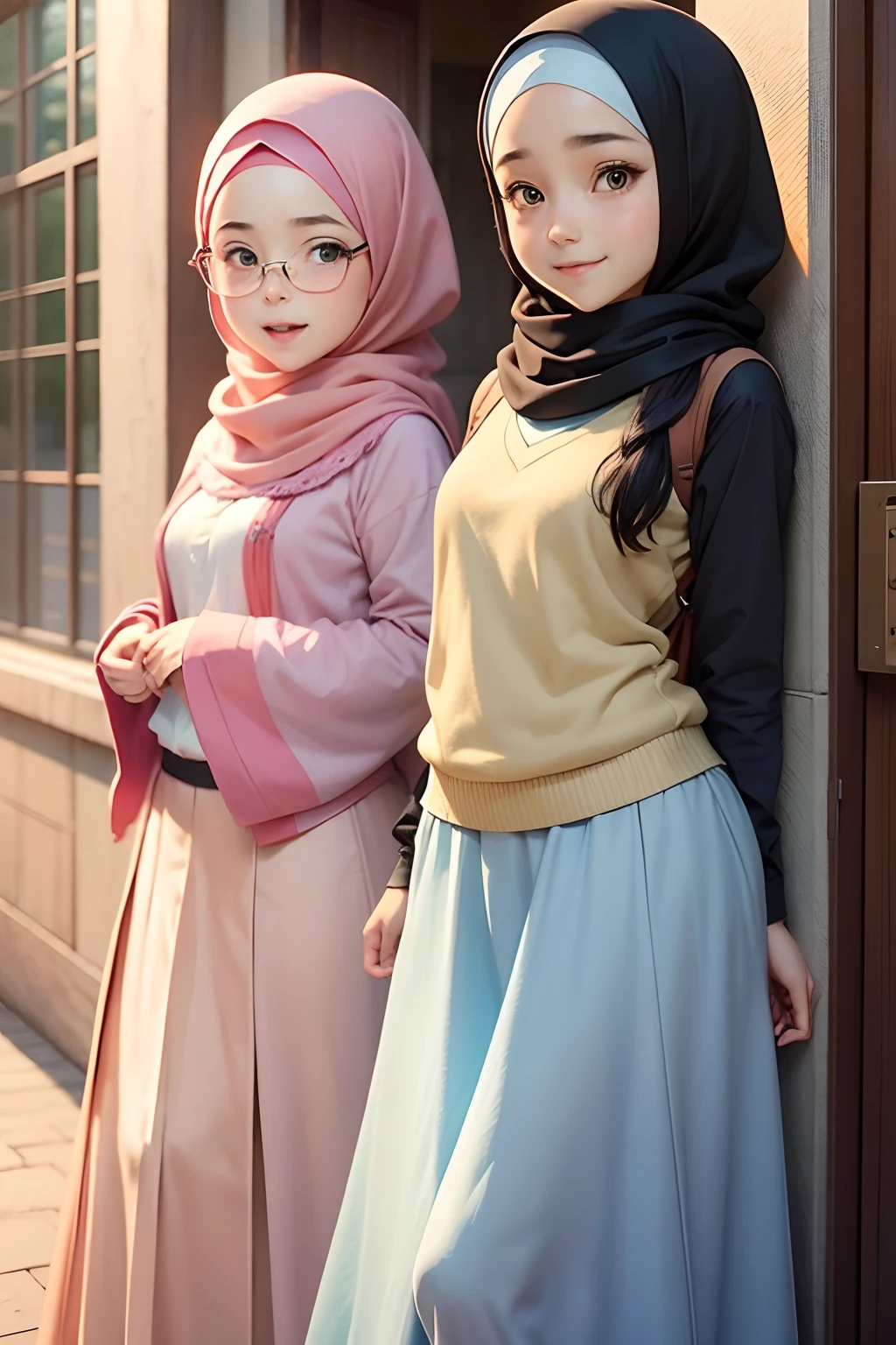 young students wearing hijab playing around, anime style, long skirt, long sleeves, happy face, pastel color, in style of Studio Ghibli