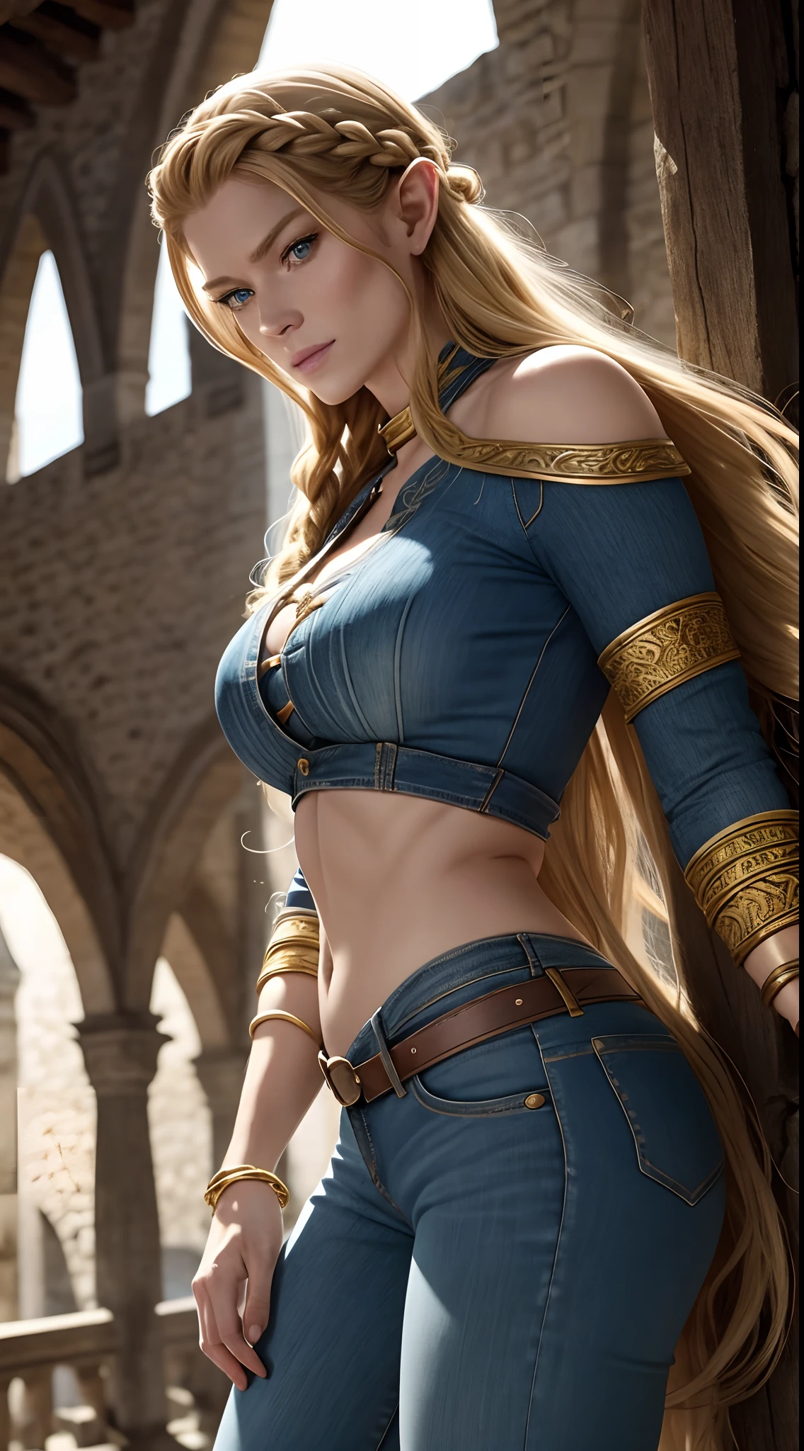 Alyssa Sutherland como uma loira MYTHOLOGICAL ELFA usando jeans ( tight jeans ), jeans azul, detalhes dourados, longos braceletes, cinto vermelho, golden armlets, coxas torneadas, strong facial expression, look at the camera, olhos claros, long braided blonde hair, orelhas de ELFO expostas, orelhas de ELFO expostas sob os cabelos, corpo atletico, musculatura definida, Mulher Destemida, Body position of greatness, perspectiva de corpo inteiro, Vista lateral do corpo, castelo medieval, cavalo, Imagem 64K altamente detalhada
