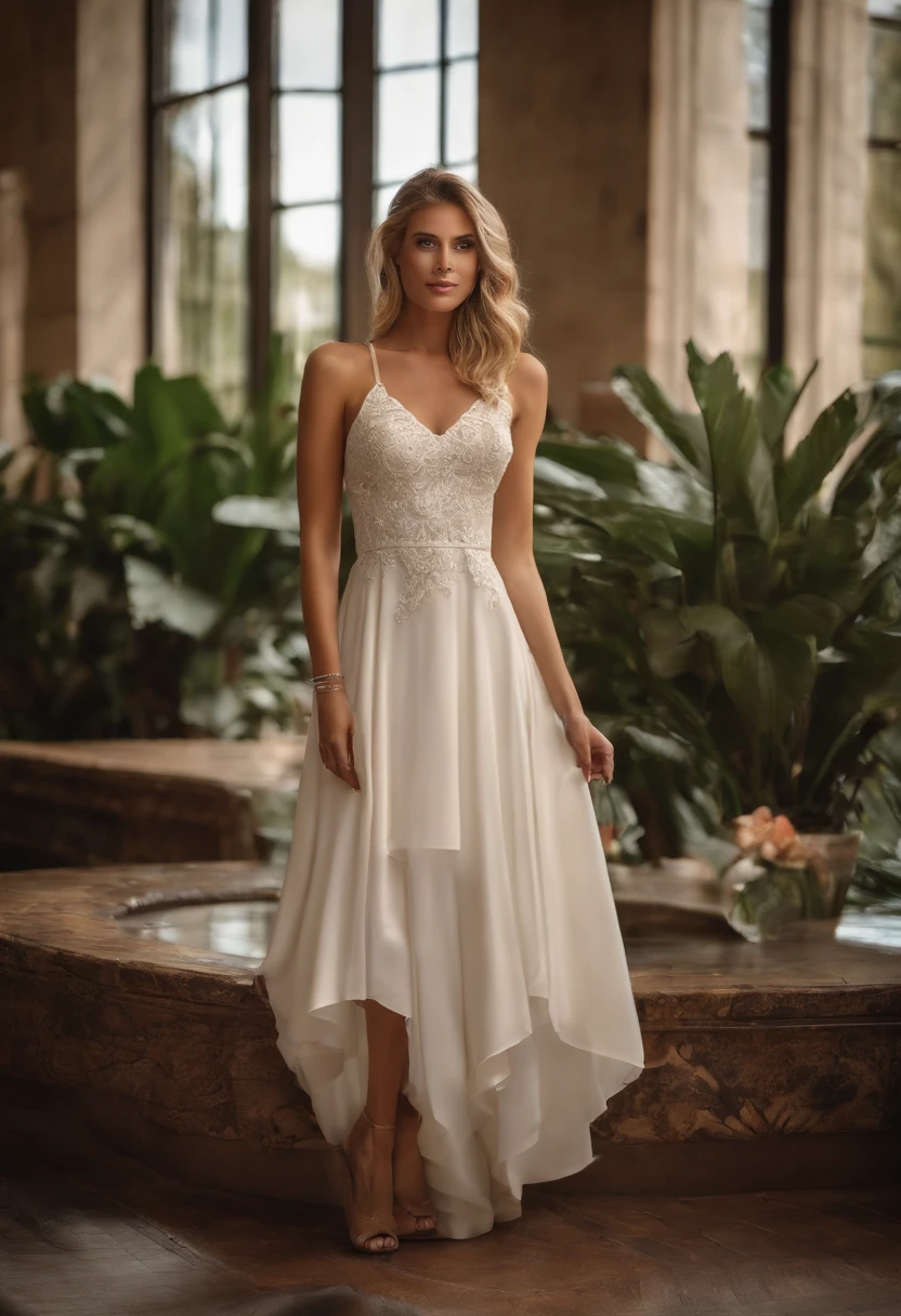 exquisite inspired sublimation dress mockup with body fit in addition a smiling blond european racial lady wearing season jewels showcasing a lavish luxuy hotel room camera setting: frontal, full body ,luxury hotel room background, poster, photo, fashion