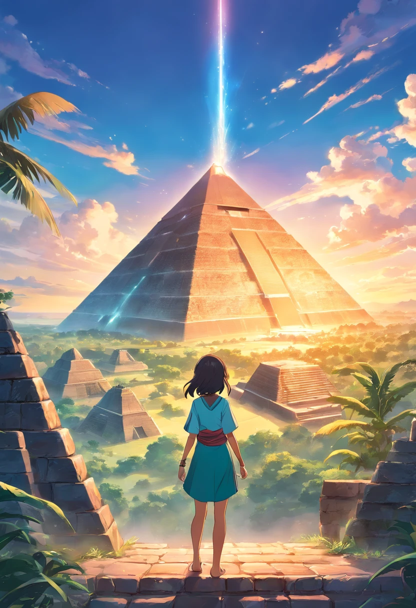 cover of a teenager from the Mayan civilization, in a place with extreme drought and a pyramid of the Mayan civilization in the background