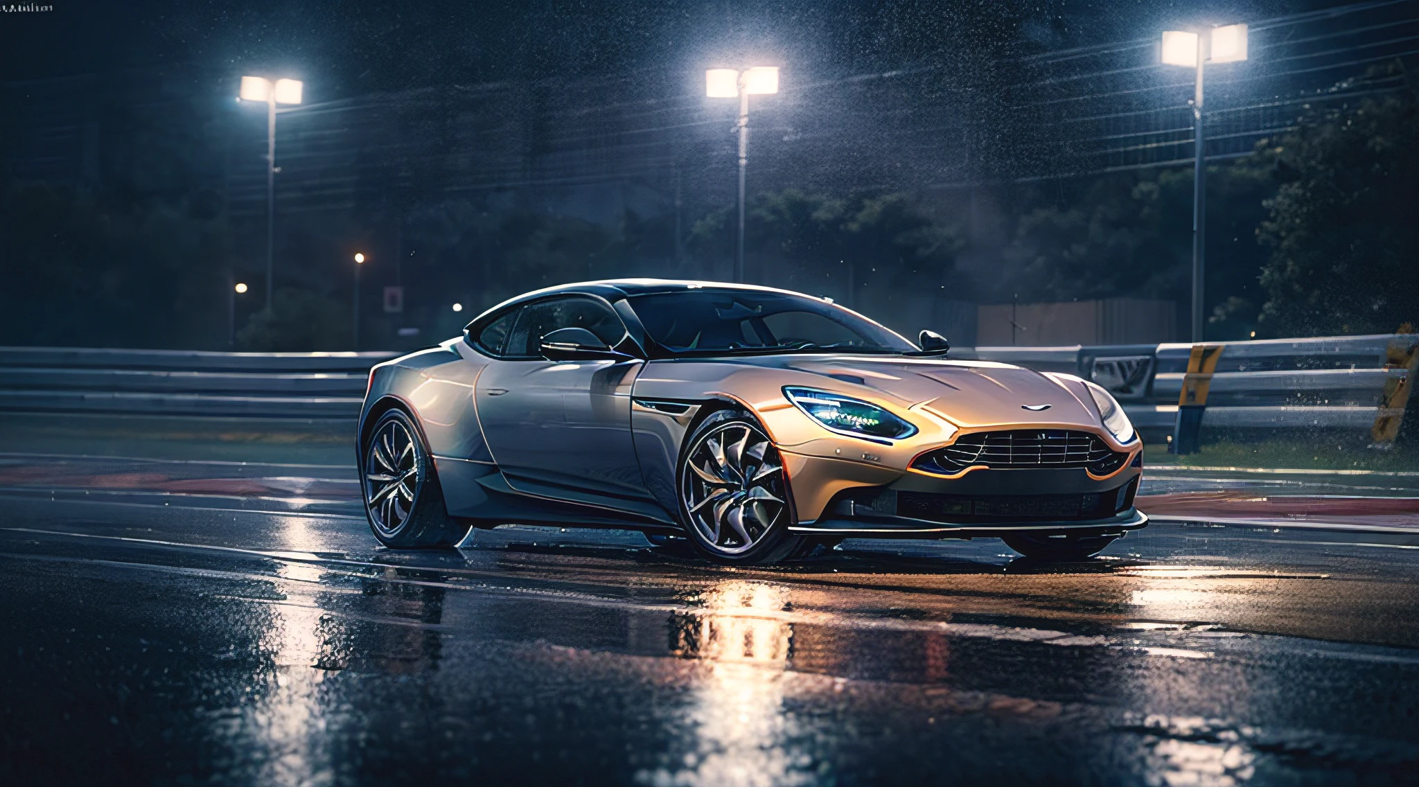 (8k, RAW photo, best quality, masterpiece:1.2), (realistic, photo-realistic:1.37), (full body:1.3) (detailed), (highres), high angle shot 3/4 view aston martin db11 wagon driving on a race track, stormy weather, (wet:1.2), (water dust:1.2), 8k uhd, high quality,cinematic,(reflections),(aston martin db11 wagon) at night, lights, High Detail, Sharp focus, (photorealism), realistic, best quality, 8k, award winning, dramatic lighting, epic, cinematic, masterpiece, rim light, ambient fog:1.3, dutch angle, depth of field,8k uhd, high quality, motion blur, depth blur, cinematic, filmic image 4k, vibrant color, (reflections),lights turned on,closeup,commercial photography,(very dark:1.1, underexposed:1.1)