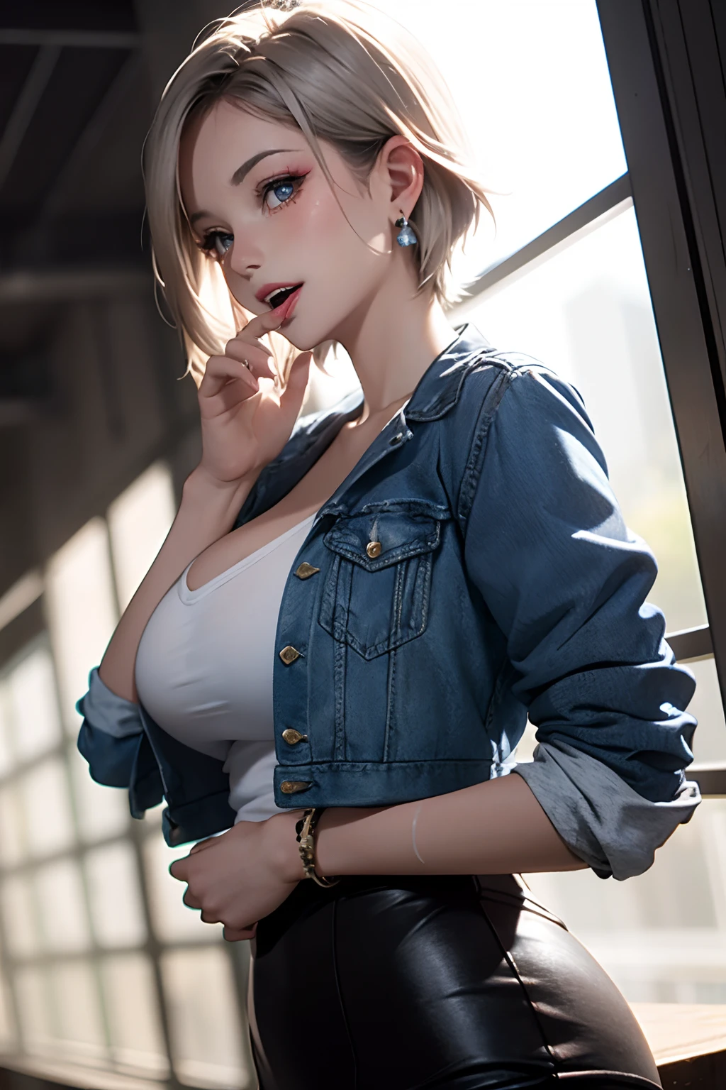 1girl in, Solo, Android 18, Silver blonde hair, Blue eyes, Short hair, Jewelry, earrings, Smile, Jacket, Looking to the side, denim, Denim jacket, Upper body, makeup、cloud, skyporn, day, Looking away, Blue sky, 鎖骨, Leather Mini Skirt、Amitant、Full body painting of boots、A MILF, very Bigger breasts，busty figure, fleshy feeling, Sweat profusely, perfect  detail, High-resolution fine textures, depth of field effect, Vivid lighting effects, lightand shade contrast, Ray tracing and flare effects, Best texture, A futuristic, Genre painting、finger in another's mouth, open mouth, finger biting, finger sucking, licking, tongue, teeth, tongue out, pov, pov hands, saliva, tongue