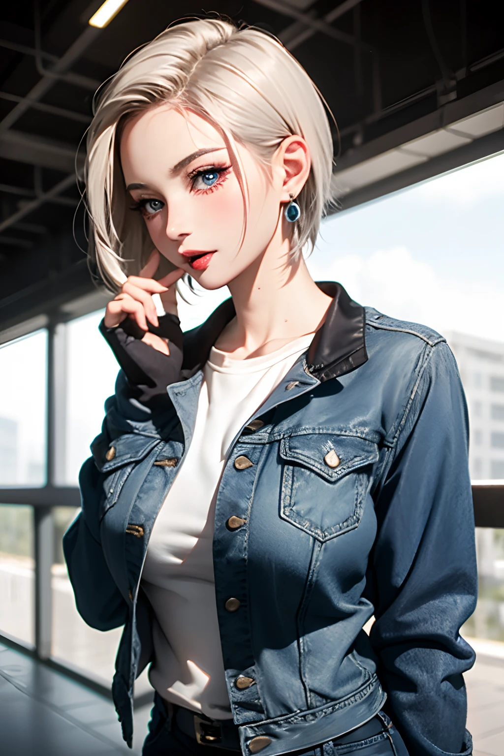 1girl in, Solo, Android 18, Silver blonde hair, Blue eyes, Short hair, Jewelry, earrings, Smile, Jacket, Looking to the side, denim, Denim jacket, Upper body, makeup、cloud, skyporn, day, Looking away, Blue sky, 鎖骨, Leather Mini Skirt、Amitant、Full body painting of boots、A MILF, very Bigger breasts，busty figure, fleshy feeling, Sweat profusely, perfect  detail, High-resolution fine textures, depth of field effect, Vivid lighting effects, lightand shade contrast, Ray tracing and flare effects, Best texture, A futuristic, Genre painting、finger in another's mouth, open mouth, finger biting, finger sucking, licking, tongue, teeth, tongue out, pov, pov hands, saliva, tongue