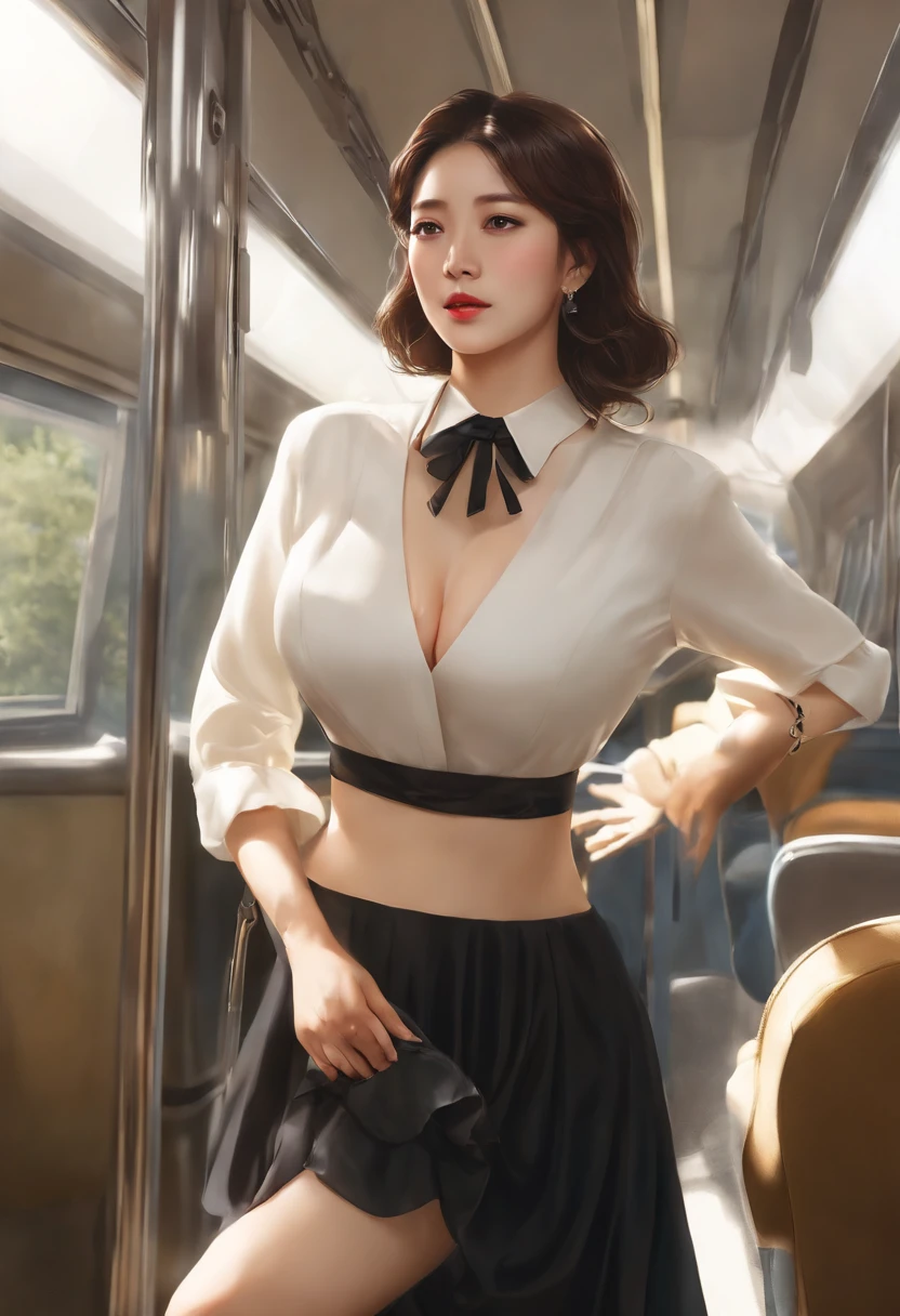 masterpiece、winning artwork、hightquality、(Middle aged man and beautiful woman)、porn、エロ、ecchi、fuck,Glamorous body、(Deep Valley)、bare breasts,grouping,Chest bare、blouse、Ribbon tie、pleatedskirt、((Look up at the chest from below))、Lower breast、Chest close-up,On the train、orgasm、agitation、
