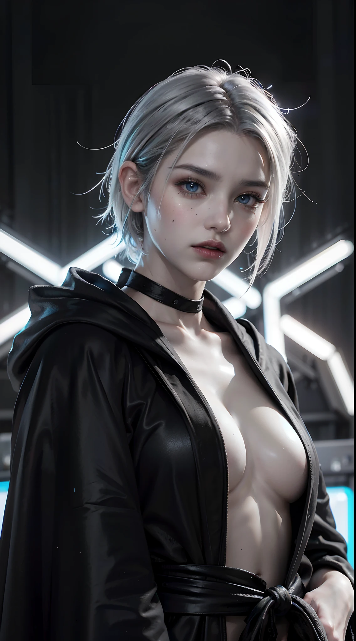 Cyberpunk woman,fansty world,background inside dark,Clean design,Epic Instagram,artstation,Colorful paint splashes,contours,Hyper-detailed intricate details,unreal-engine,fanciful,Complicated details,splash image,complementary colours,fantasy concept art,8K分辨率,A masterpiece of deviantart,oil painted,Heavy strokes,paint drips,(Isolate on a white background:1.3),Rainbow skins,(((beautiful young))), ((age:1.5)), (glow blue eyes), ((Eyes have light)),((((Short gray hair:1.1))), ((black-clad)), (warrioress\\(Indifferent expression\\),, (((Wearing a luxurious black robe with high details))), A head of white hair,(chest muscle) --v 6
