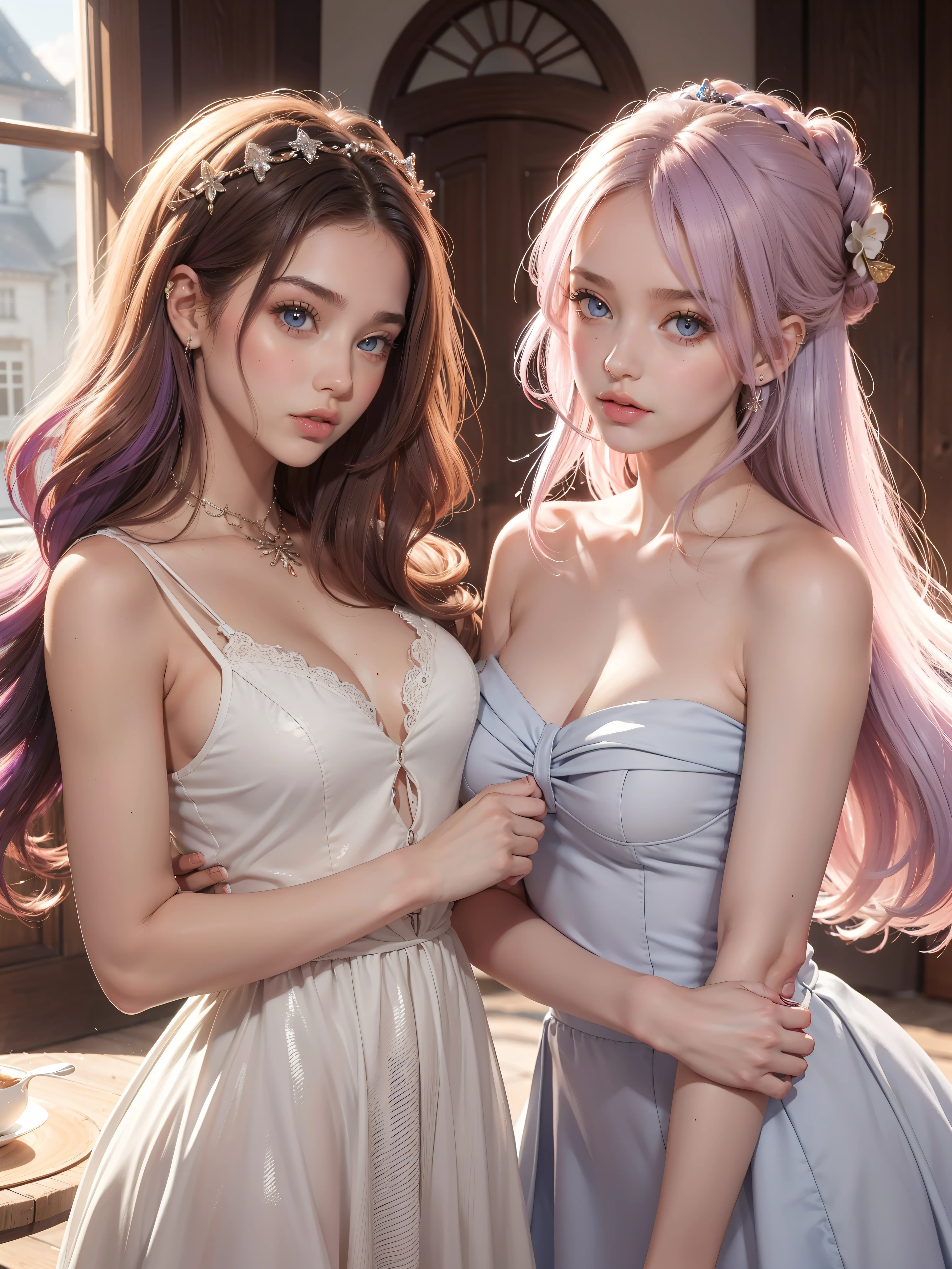 2 jovens, Beautiful girl,Metade do corpo perfeito, (cabelo vermelho e curto,penteado na altura do queixo) , (lilac-colored eyes, British girls, olhos realistas,Olhos bonitos e grandes) vestido curto de couro preto e vermelho cor. 2 mulheres de costas uma para a outra, cabelos e olhos de tom diferentes, cabelos vermelhos, cabelo azulado, British girls