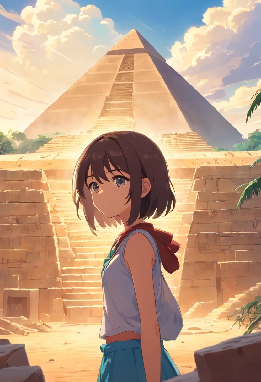 cover of a ager from the Mayan civilization, in an arid and abandoned place and a pyramid of the Mayan civilization in the background, the girl imagines herself in the pyramid
