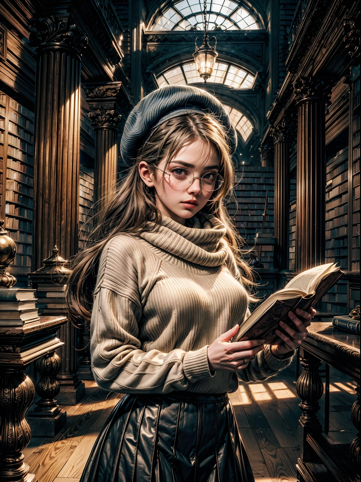 1girl, ((20years old)), (beautiful face), highres, ultra high quality, (hyperdetailed:1), (masterpiece, best quality), (intricate detail), (detailed), ((very long hair, straight)), ((round face, shy face)), beautiful eyes, ((glasses, sweater, scarf, skirt, beret, holding books)), (((majestic library, people around, plenty of books around)), ((majestic)), extremely best quality, 8k wallpaper