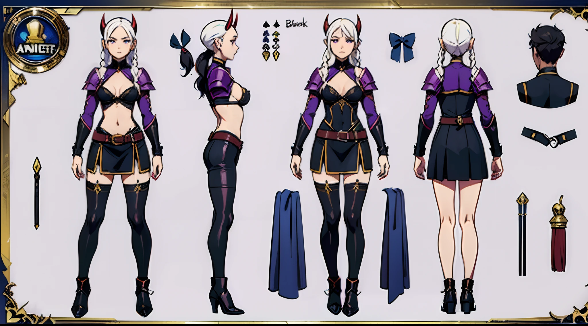 (Masterpiece, best quality), detailed, ((character concept art)), ((character design sheet, same character, front, side, back)), many items, (black demon horns, adventurer leather and cloth armor, dungeon explorer, many parts), detailed purple eyes, detailed face, scared face, different expressions, small boobs, B cup, white hair and white skin, braided ponytail, full of details.