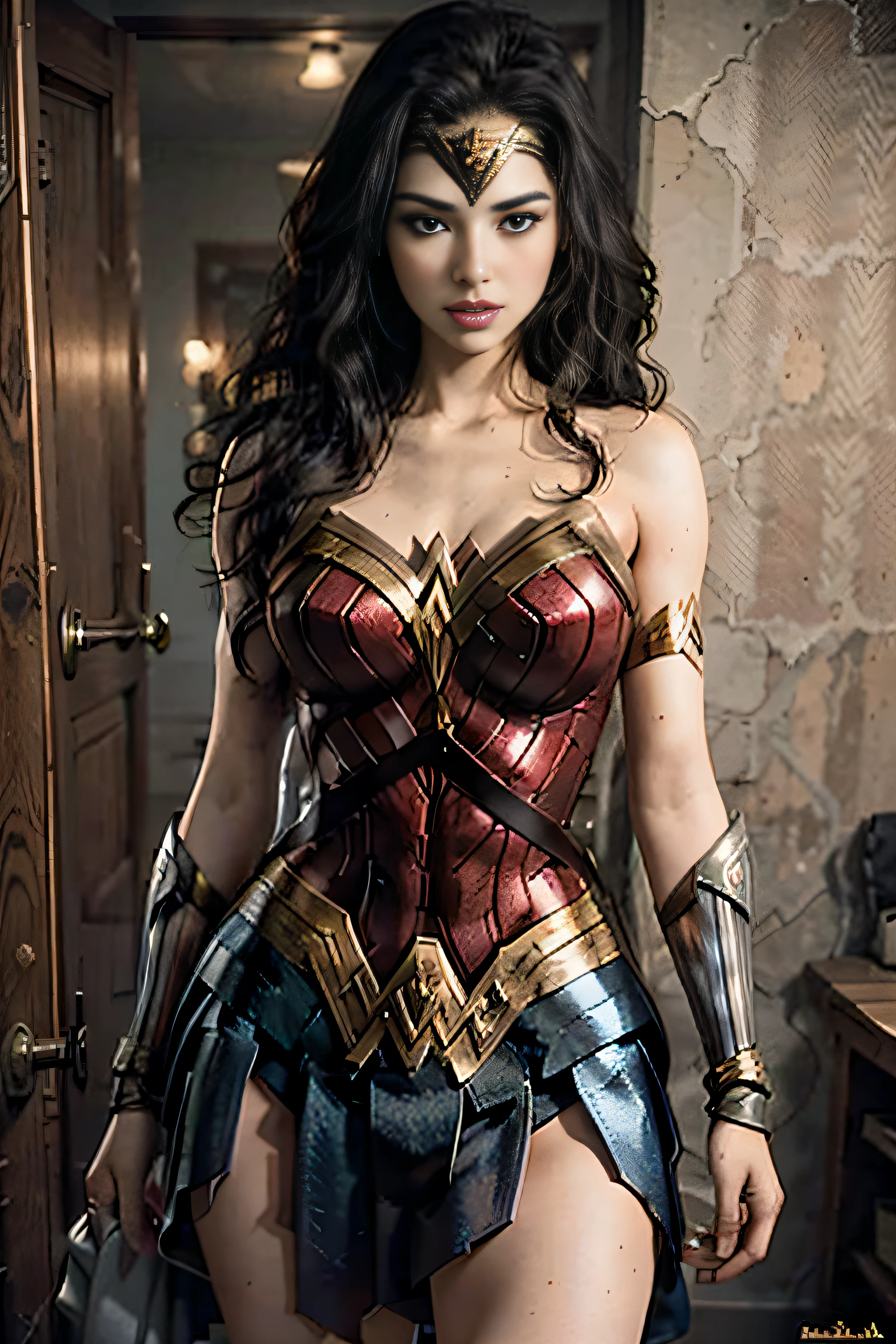 1girl, beautiful girl, wonder woman, skirt, hanging, half body, (close eyes:1.3, weak, powerless, sleep), bruises body, (((shackles)), ((shackles and arms up, chain leads, metal collar, wrists tied)), bondage, slavery, restraint, (basemend wall backgroun, dirty, dark, creepy), best quality, masterpiece, arms up, comic style, cartoon source