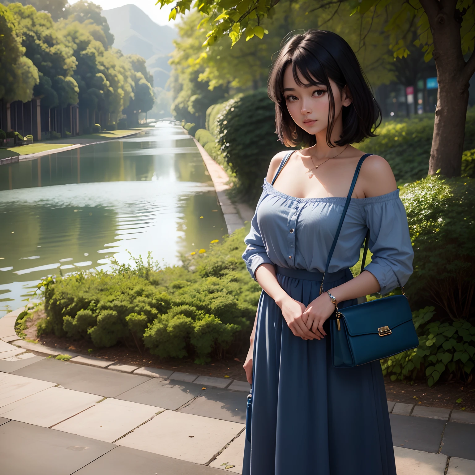 Beautiful girl  22 blue frok full body hi hills open hair dimand netless vastly watch  detail openly seen eyes openly clear face focus on face behind the tree wear beautiful handbag