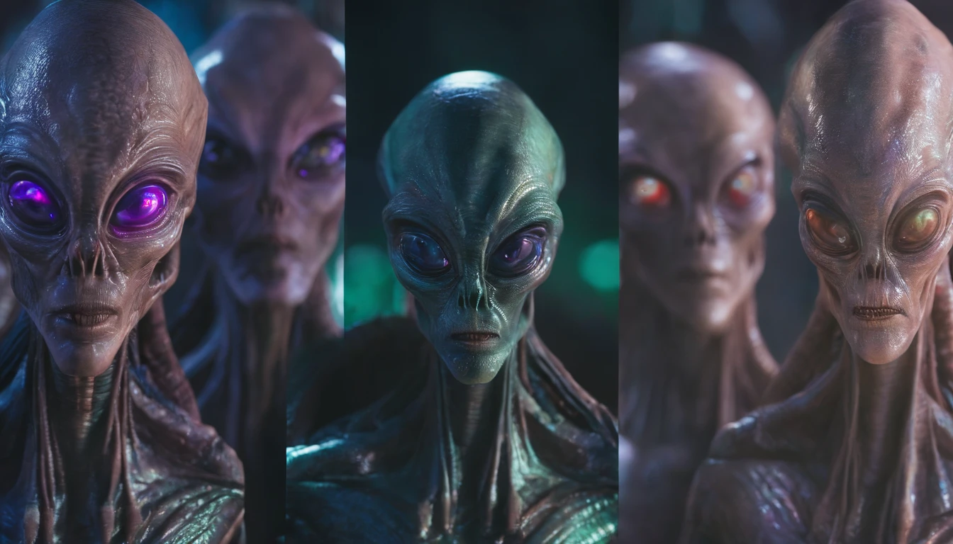Different Alien Races, foco nítido, qualidade 8k, Foto RAW, detalhes intricados