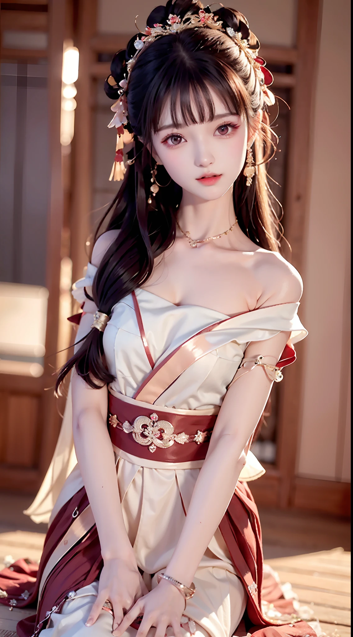 JK girl, girl wearing Japanese girls' school uniform, 8K, very high image quality, film texture, realistic, eating Japanese food, Japanese background, depth of field, tatami room, warm lighting, bow on chest, bangs, long hair over the shoulder, (playful eyes), double eyelids, deepening of the tail of the eyes, lying silkworm, bracelet on the wrist, scarlet lips, sparkling lips with texture, fine skin texture, brown sparkling pupils, (((eyes looking at the camera)))), slender fingers, ((round face)), ( ((small lips)))), black halterneck hanfu